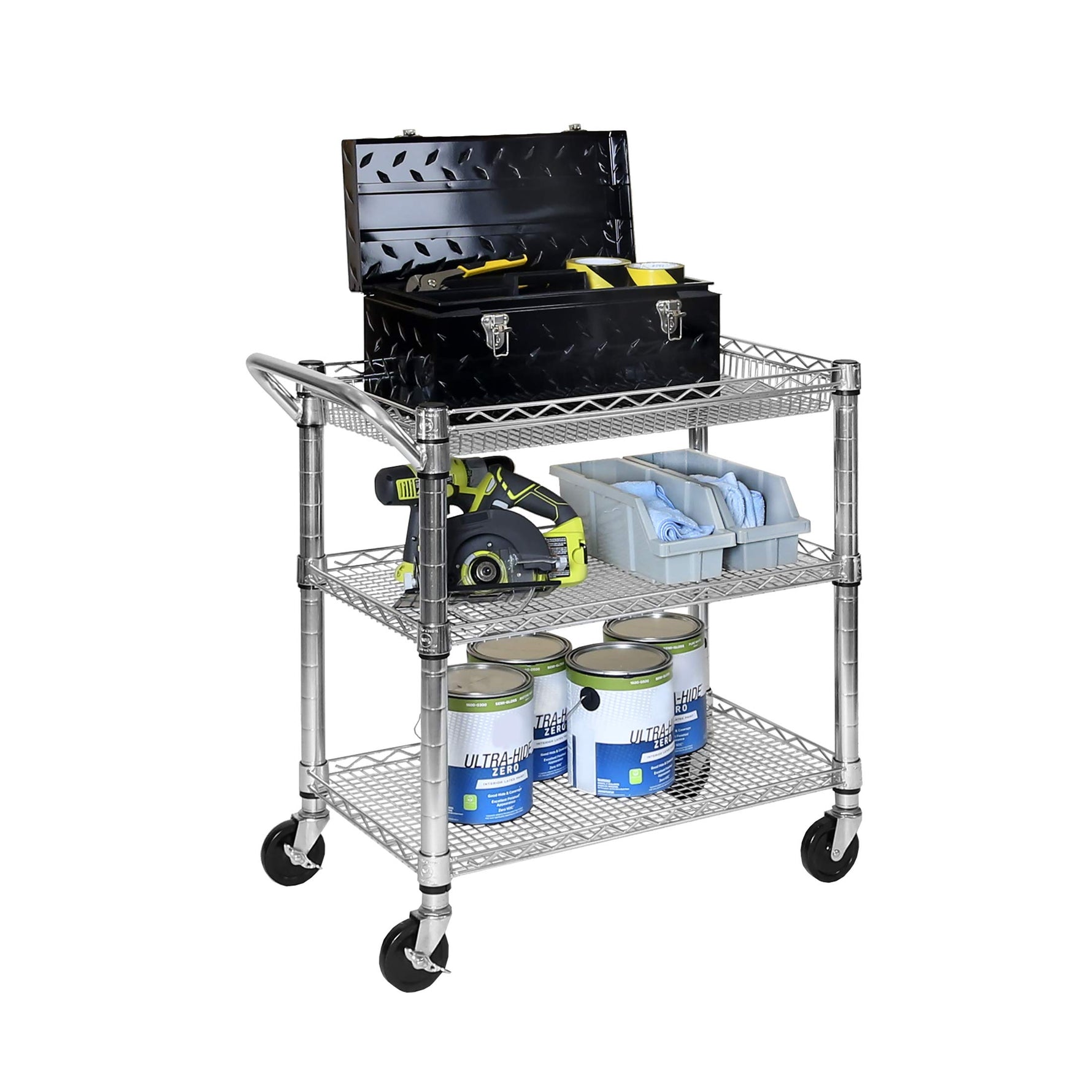 Seville Classics UltraDurable NSF Commercial Heavy Duty Metal Rolling Utility Cart, w/ Steel Shelves, Handle Bar for Restaurant, Garage, Warehouse, Kitchen, Office, Top Shelf (36"W x 18"D)