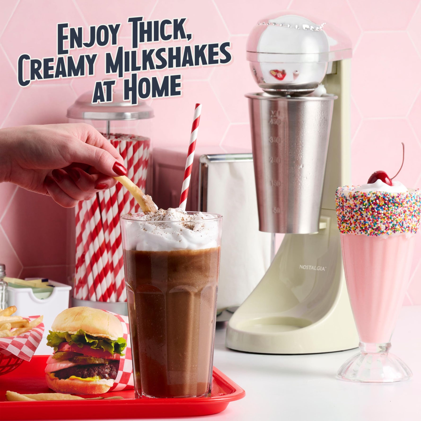 Nostalgia Two-Speed Electric Milkshake Maker and Drink Mixer, Includes 16-Ounce Stainless Steel Mixing Cup & Rod, Jade Green