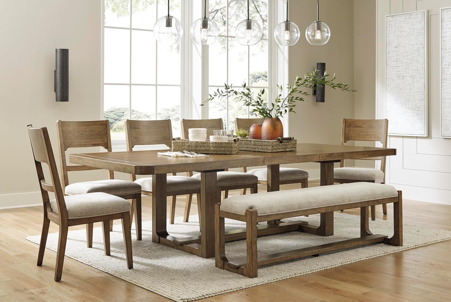 Signature Design by Ashley Cabalynn Farmhouse Upholstered Dining Bench, Foam Cushion, Hardwood Solids, 63.5" W x 16.5" D x 19.75" H, Beige & Light Brown