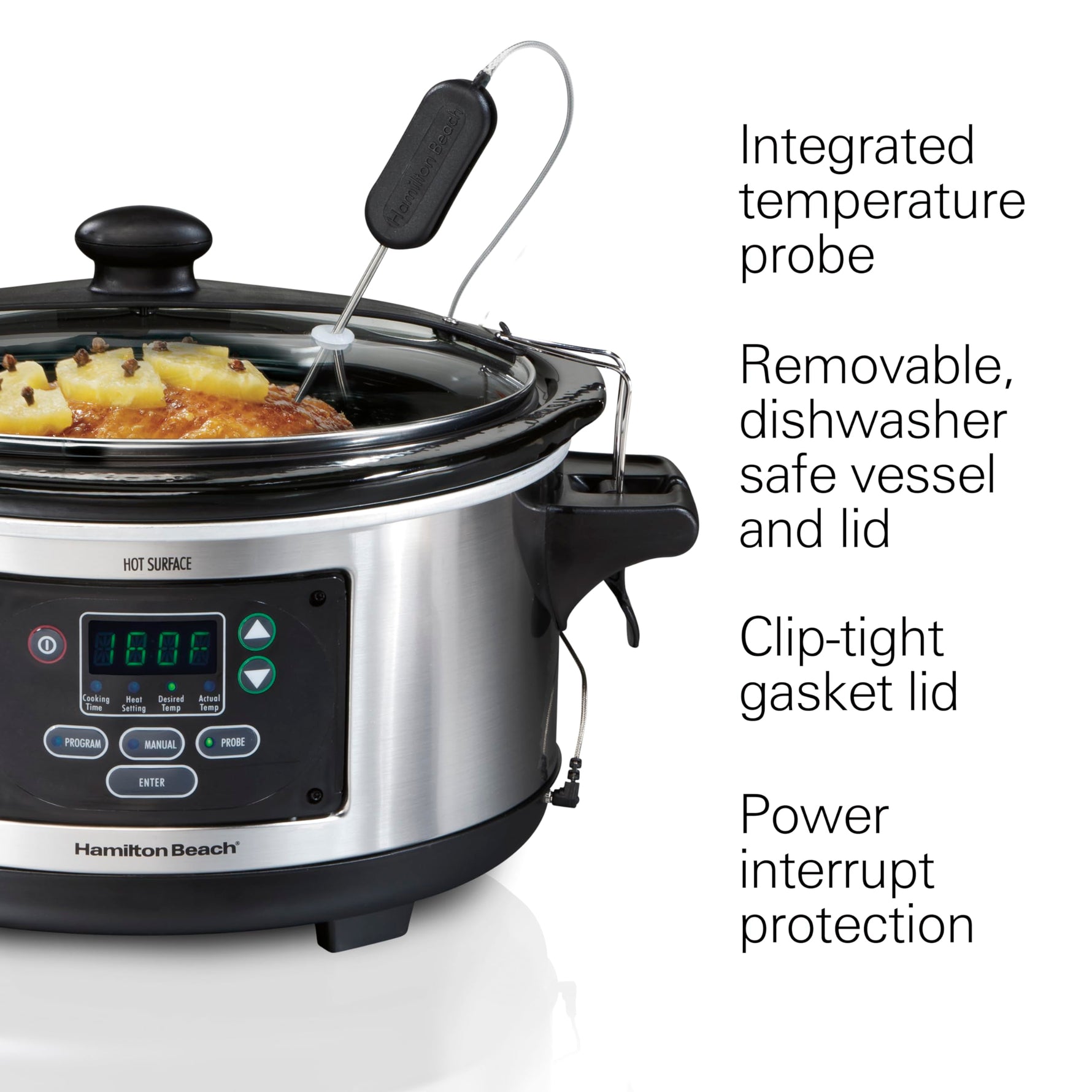 Hamilton Beach Portable 6 Quart Set & Forget Digital Programmable Slow Cooker with Lid Lock, Temperature Probe, Dishwasher Safe Crock & Lid, Stainless Steel (33969A)