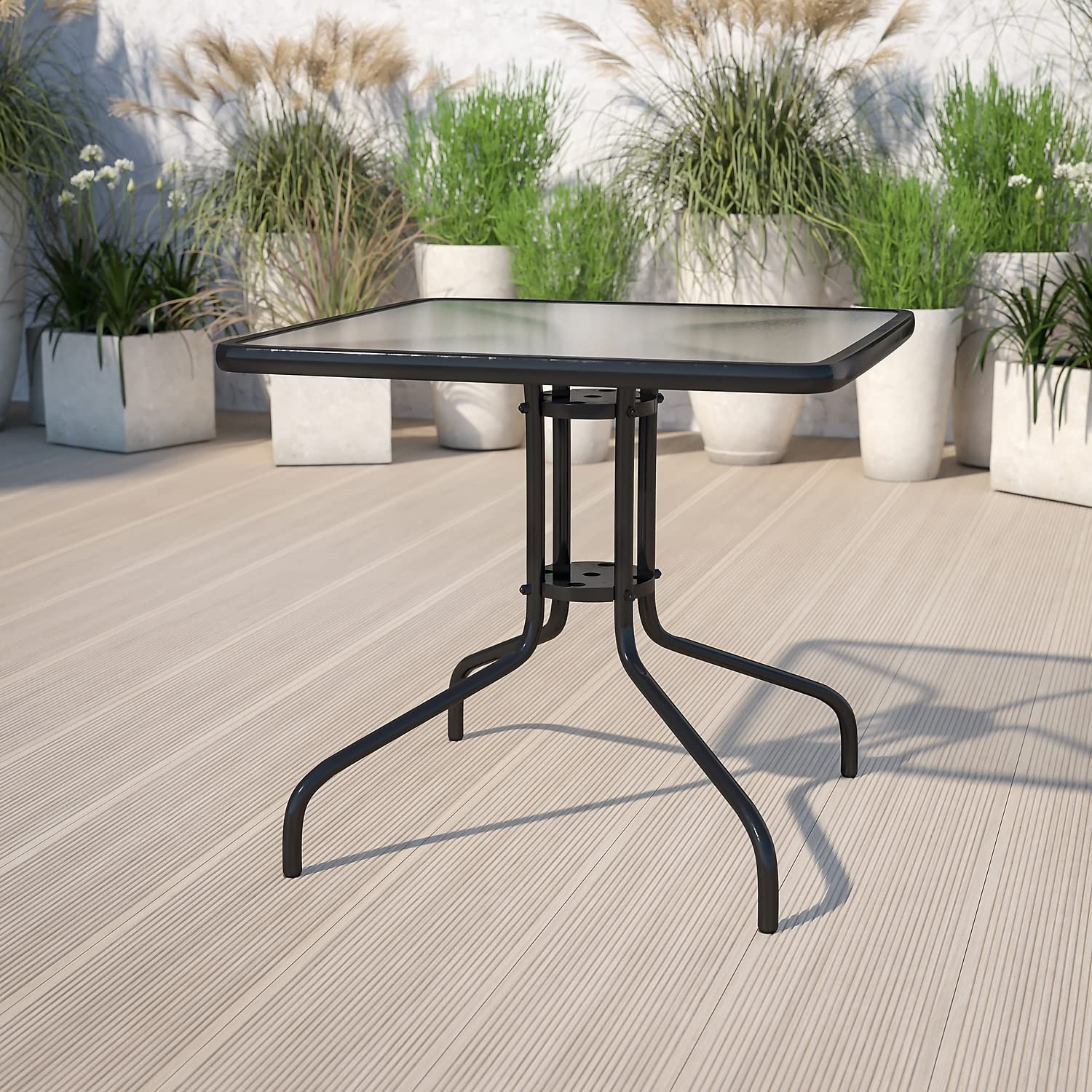 Flash Furniture Barker 23.5" Square Indoor/Outdoor Tempered Glass Patio Side Table, Outdoor Patio Table for Commercial or Residential Use, Clear/Black