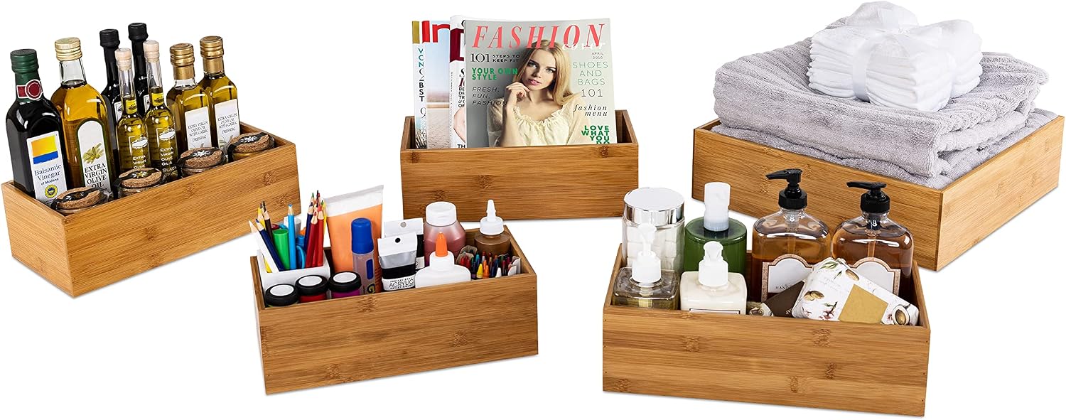 Seville Classics Bamboo Wood Storage Bins Organizer Boxes for Kitchen Counter, Pantry, Closet, Office Bedroom, Makeup, Bathroom, Nursery, K Cup, 5 Piece 3-Size (1 XL, 2L, 2M) Shelf Bin Set, Bamboo