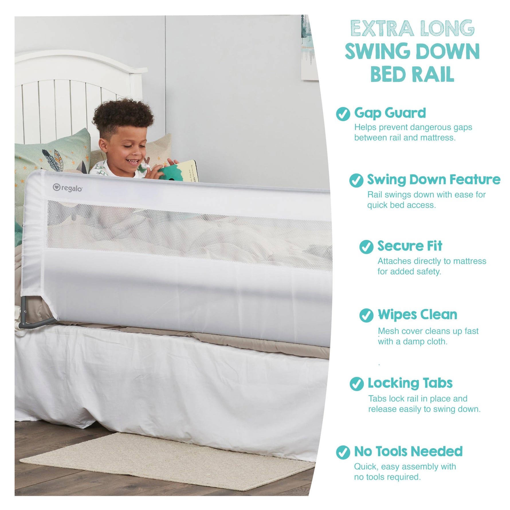 Regalo Safety 54” Extra Long Bed Rail Guard for Toddlers, Swing Down Toddler Bed Rail with Reinforced Anchor Safety System, 20” Tall Bed Safety Rail, Fits Twin, Full & Queen Beds