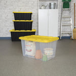 Sterilite Industrial Storage Tote with Lids for Garage, 27 Gallon, 4-Pack | Heavy-Duty and Stackable Utility Box Containers for Home, Office, and Basement Organization, Black/Yellow