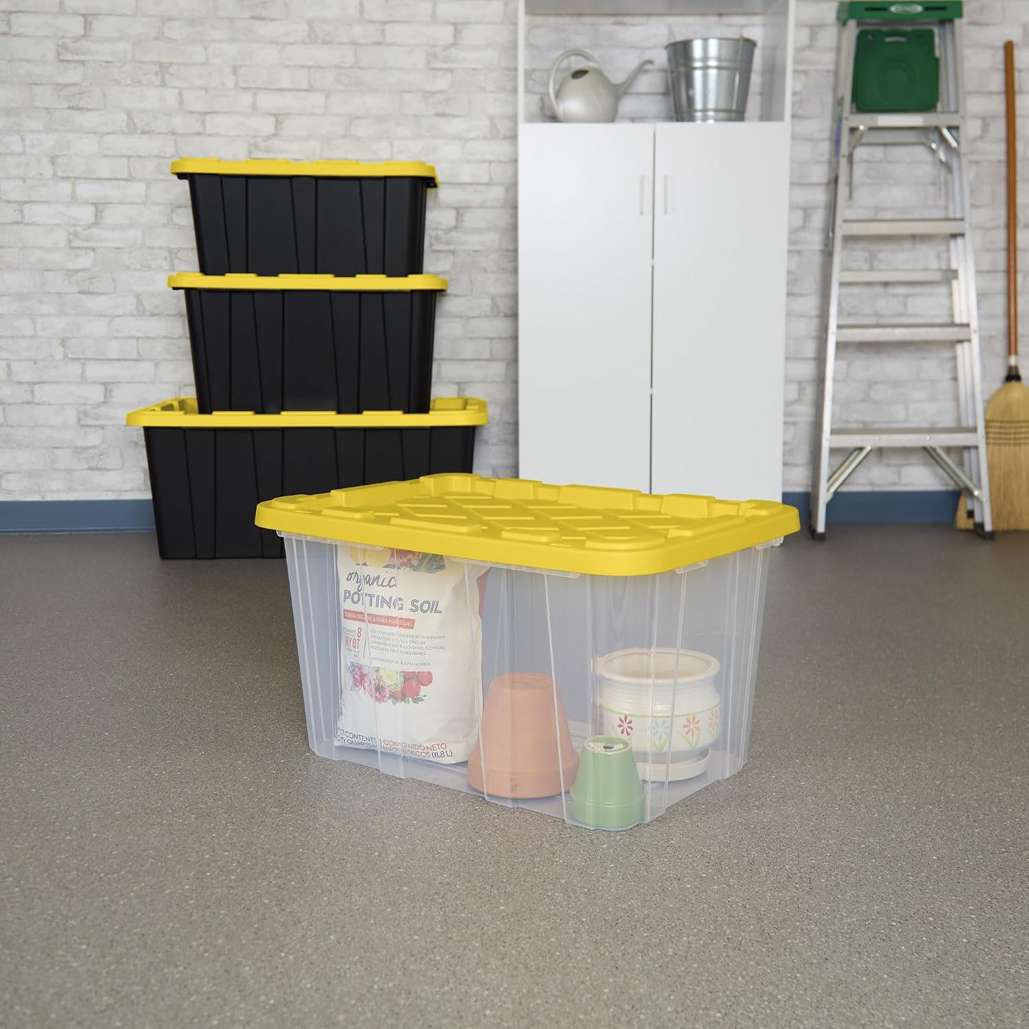 Sterilite Industrial Storage Tote with Lids for Garage, 27 Gallon, 4-Pack | Heavy-Duty and Stackable Utility Box Containers for Home, Office, and Basement Organization, Black/Yellow