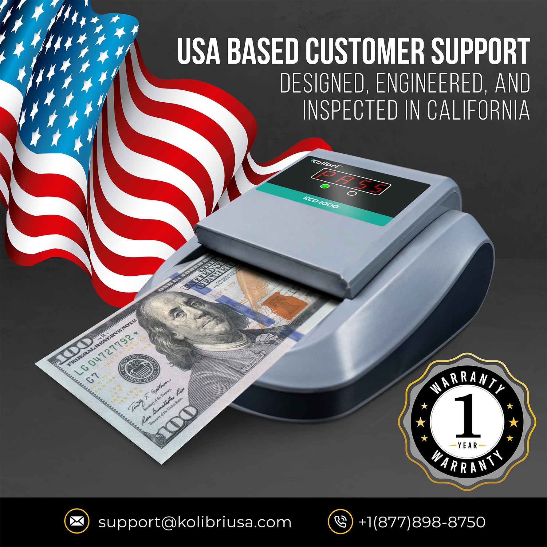 Kolibri KCD-1000 4-Way Orientation Portable Fake Currency Reader and Counterfeit Bill Detector with UM, Magnetic, Infrared Counterfeit Money Detector, Easy Pass/Fail Indicator (KCD-1000)