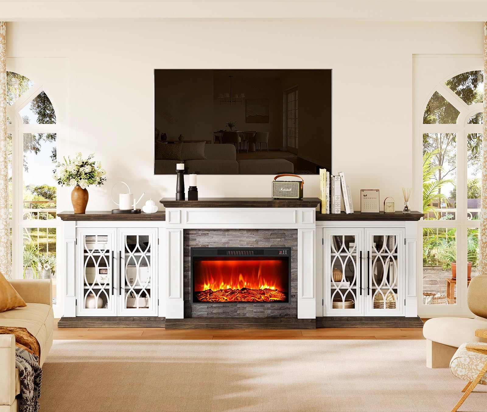 Naice 72" Electric Fireplace with Mantel and Cabinets, Fireplace TV Stand for Living Room Bedroom, Stacked Stone Surround and Remote Control 3D Realistic Flame, Black