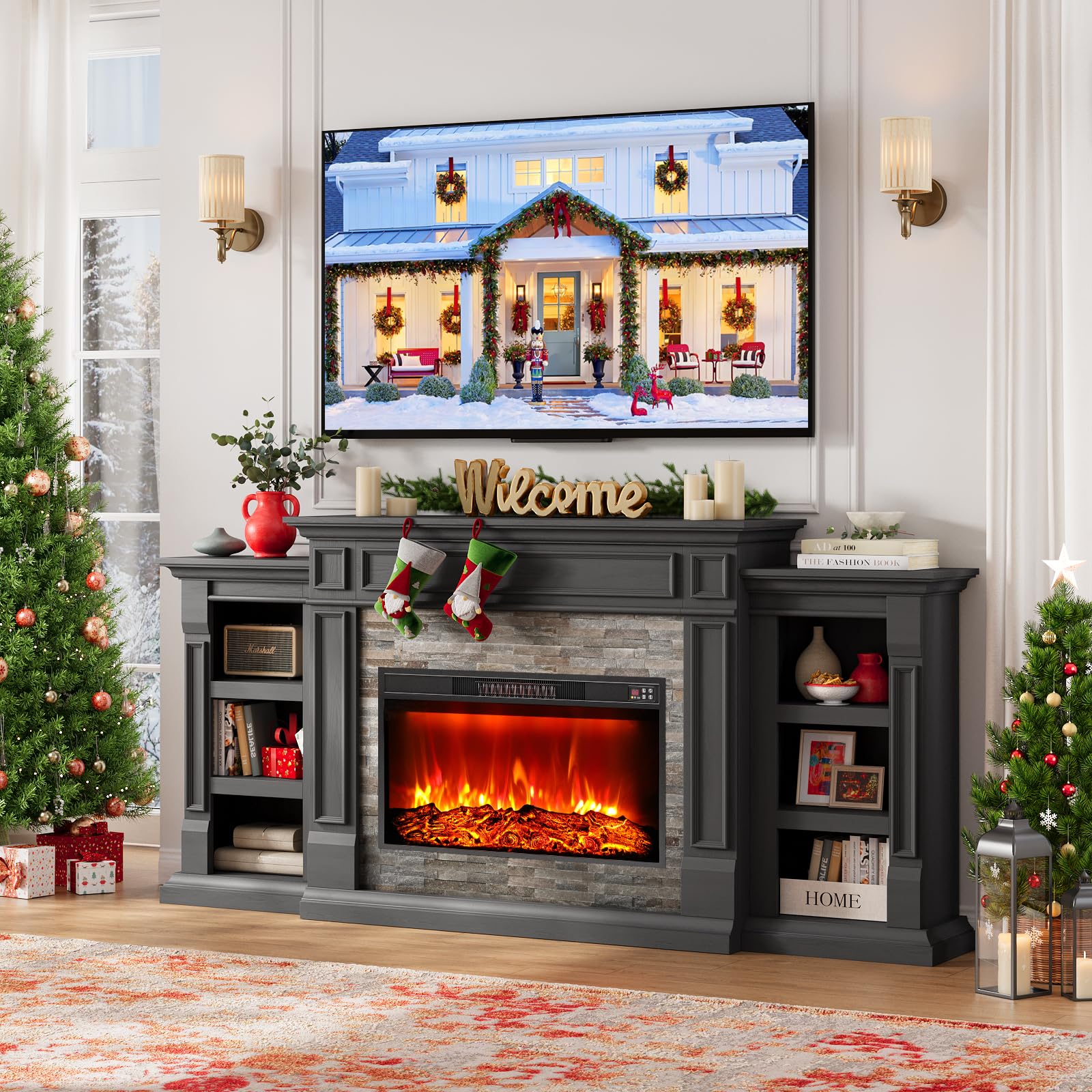 Naice 72" Electric Fireplace with Mantel and Cabinets, Fireplace TV Stand for Living Room Bedroom, Stacked Stone Surround and Remote Control 3D Realistic Flame, Black