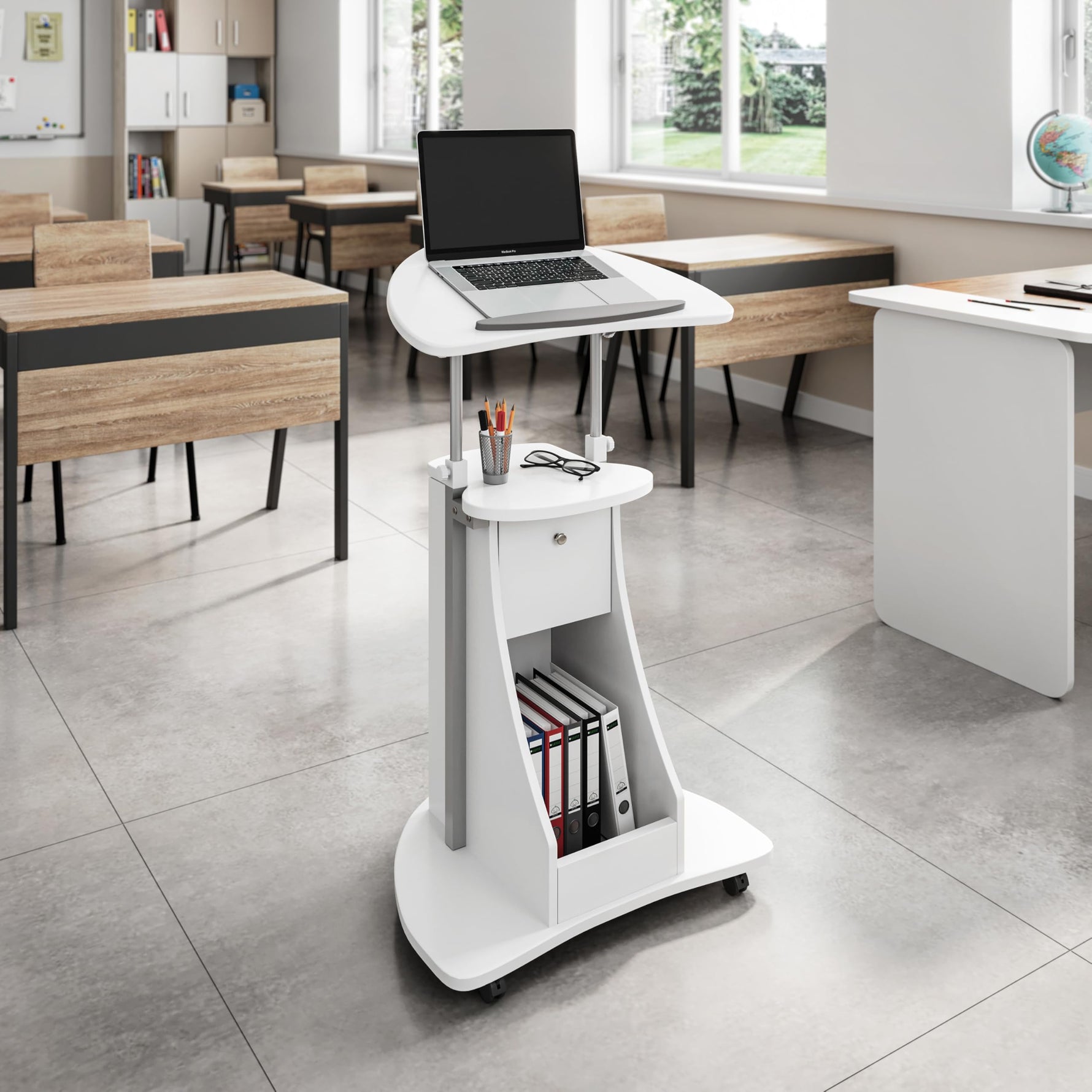 Techni Mobili Sit-to-Stand Rolling Adjustable Height Laptop Cart with Storage, Graphite, 22 x 16 x 46