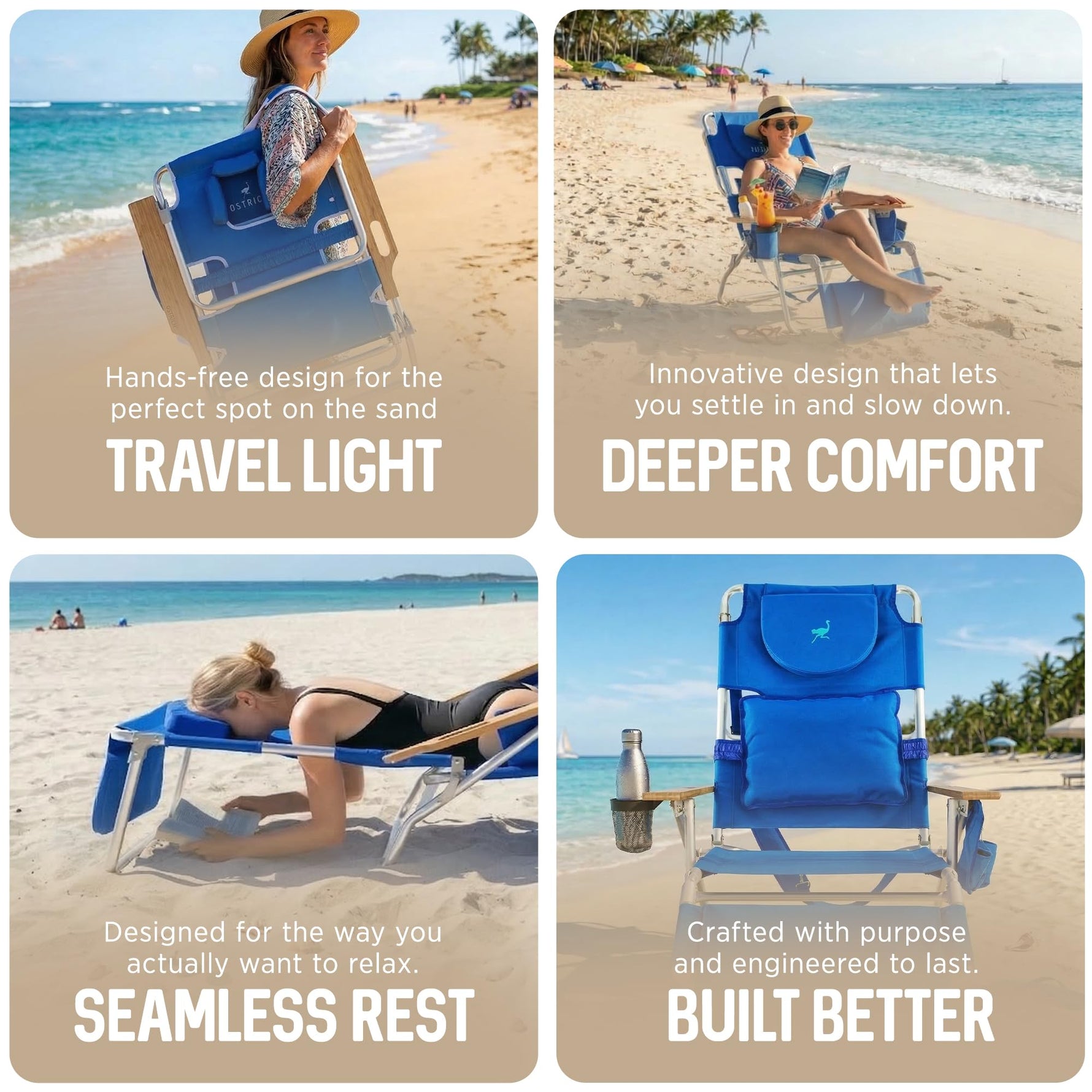 Ostrich the Deluxe 3N1 Lightweight Lawn Beach Reclining Lounge Chair with Footrest, Outdoor Furniture for Patio, Balcony, Backyard, or Porch, Blue