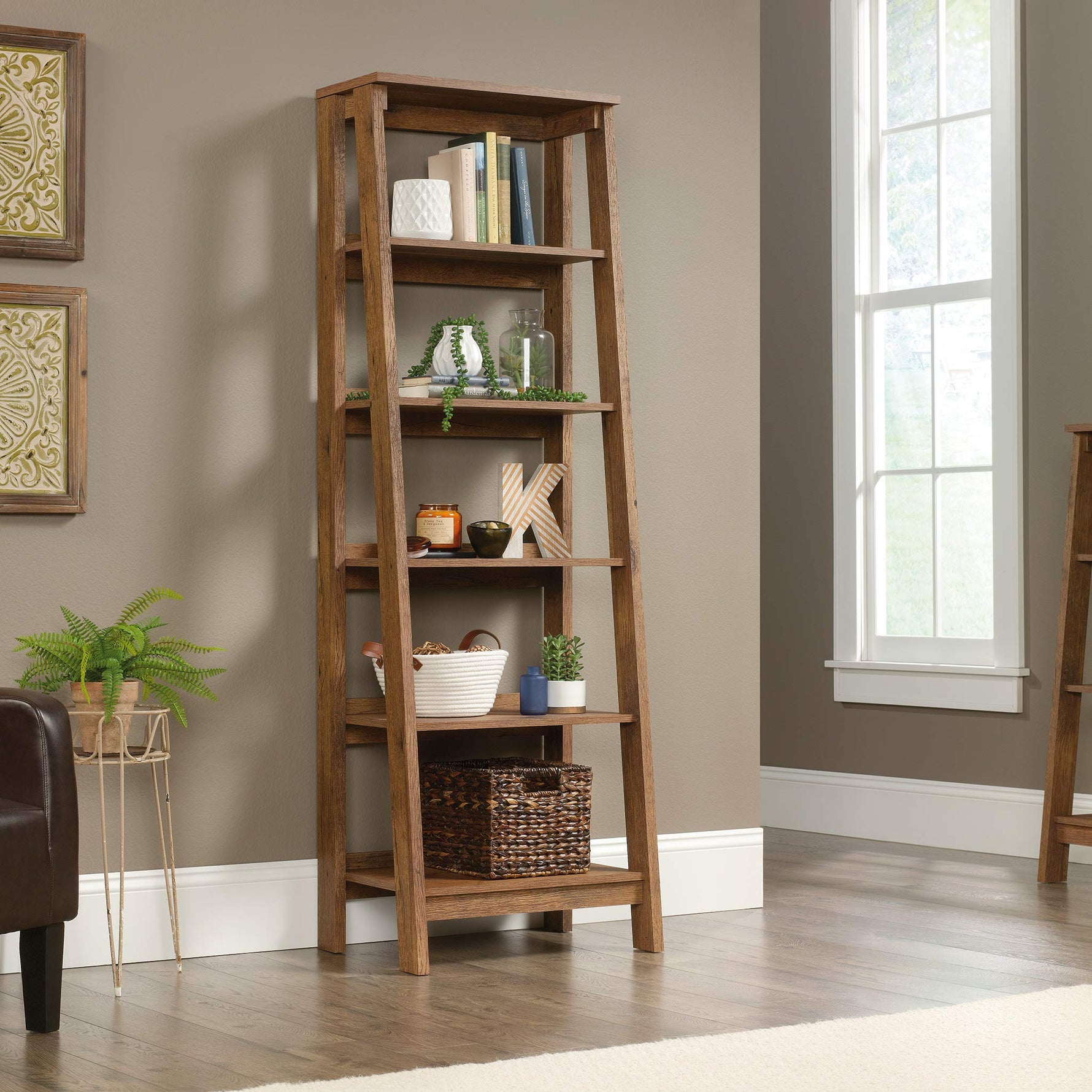 Sauder Ladder Bookshelf 5 Tier Trestle Ladder Shelf Wooden Bookcase, in Jamocha Wood