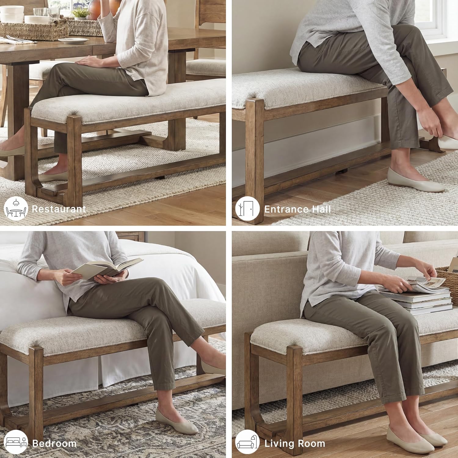 Signature Design by Ashley Cabalynn Farmhouse Upholstered Dining Bench, Foam Cushion, Hardwood Solids, 63.5" W x 16.5" D x 19.75" H, Beige & Light Brown