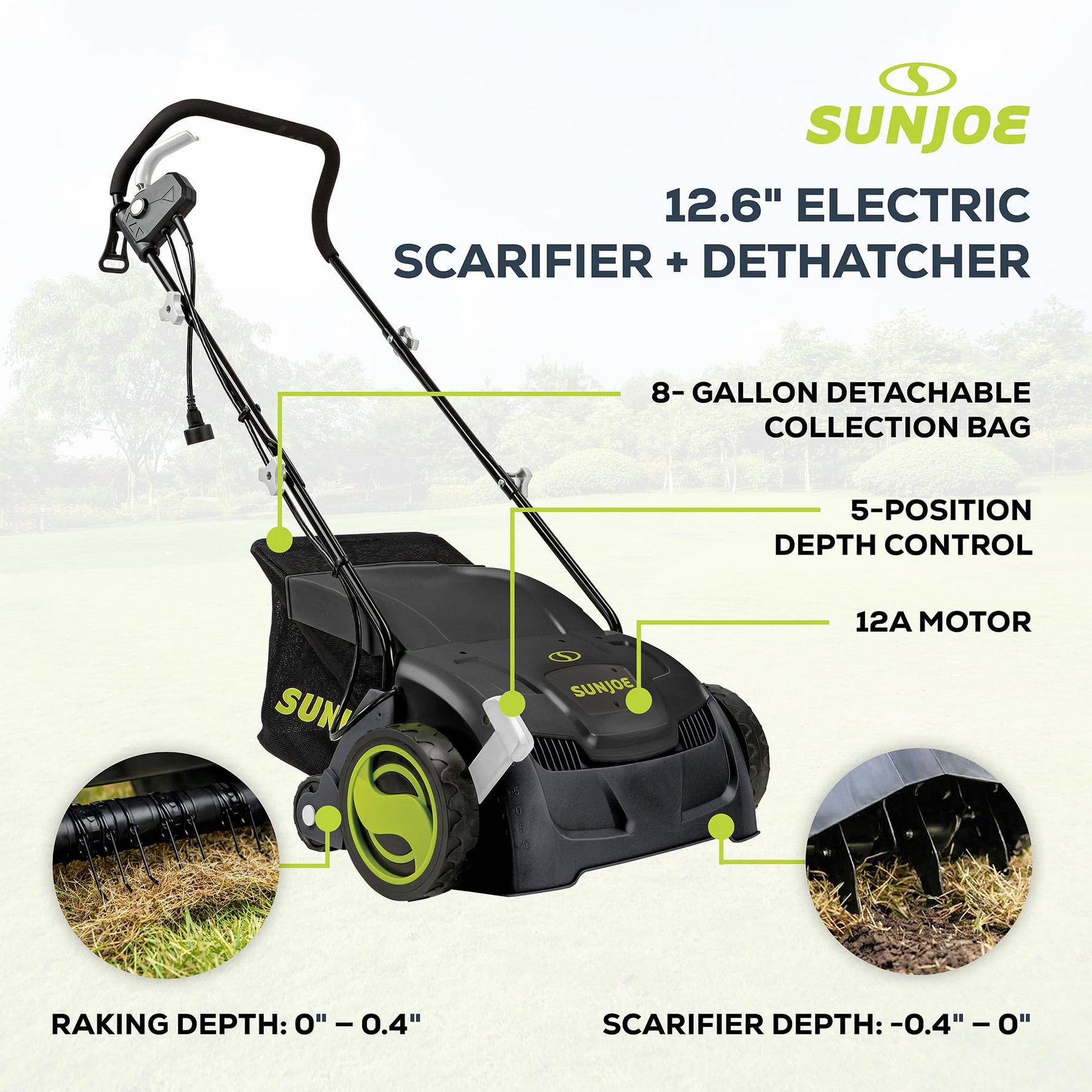 Sun Joe Corded Electric Dethatcher & Scarifier with 8-Gal Bag, 12.6-Inch Cutting Width, 12-Amp Motor - Heavy-Duty Yard Trimmer for Gardening Care and Lawn Maintenance, AJ801E