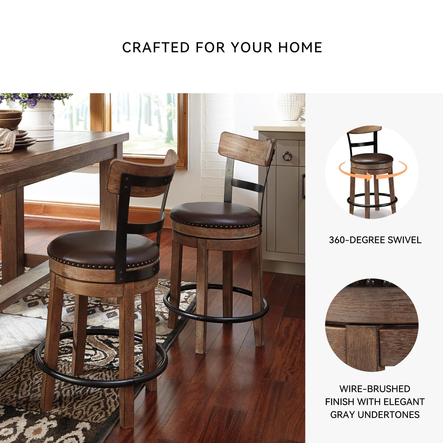 Signature Design by Ashley Valebeck Upholstered Swivel Stool, Cushioned Seat, Woven Fabric Upholstery, Wood, 24" H, Brown & Black