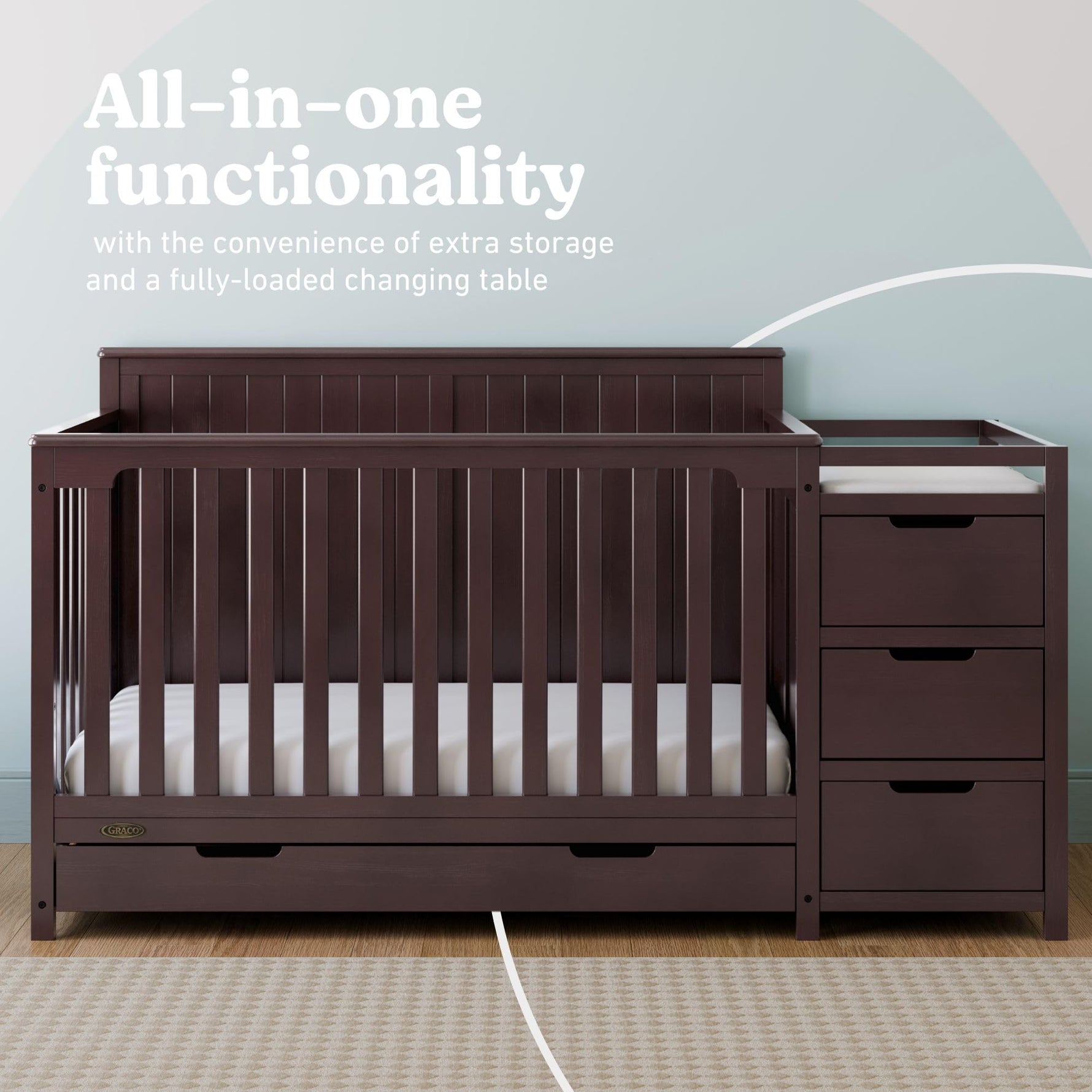Graco Hadley 5-in-1 Convertible Crib with Drawer – GREENGUARD Gold Certified, Fits Standard Crib Mattress, Converts to Toddler Bed, Daybed and Full Bed, 4 Adjustable Mattress Heights (White)