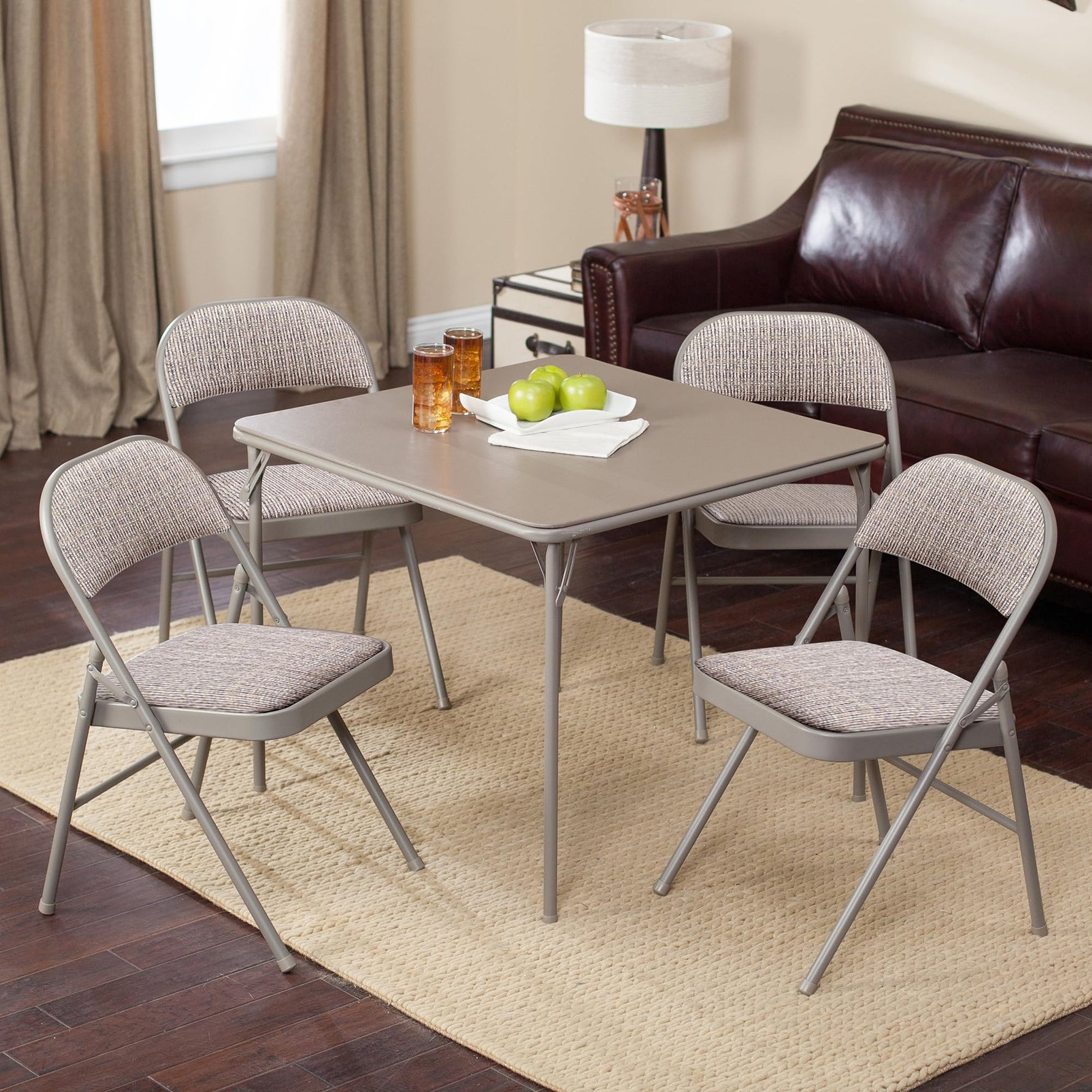 MECO 4-Pack Steel Frame Folding Dining & Event Chairs, Chicory Lace Motif Upholstery, Beige - Foldable Seating with Cushioned Seat and Padded Back for Kitchen, Parties or Game Tables