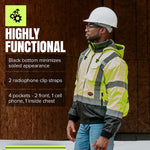Pioneer Hi Vis Safety Bomber for Men - Waterproof, Reflective, ANSI Class 3, Winter Rain Jacket with Detachable Hood