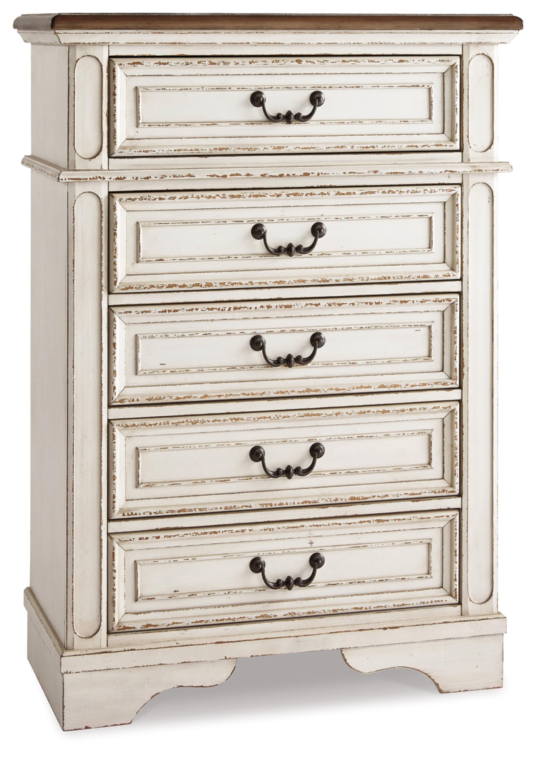 Signature Design by Ashley Realyn French Country 5 Drawer Chest, Tipover Restraint Device, 2-tone Finish, Wood, 40.13" W x 18.13" D x 58.13" H, Chipped White