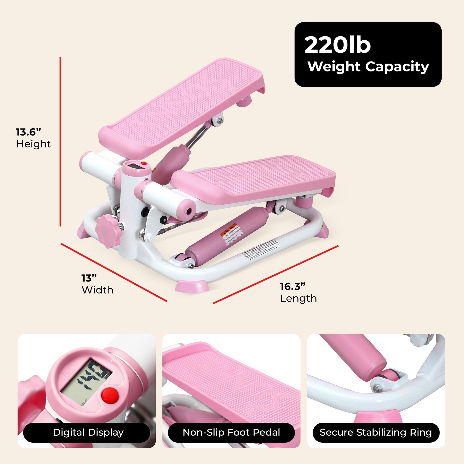 Sunny Health & Fitness Mini Steppers with Digital Monitor and Resistance Bands, Compact Low-Impact Cardio Machines for Home Workouts