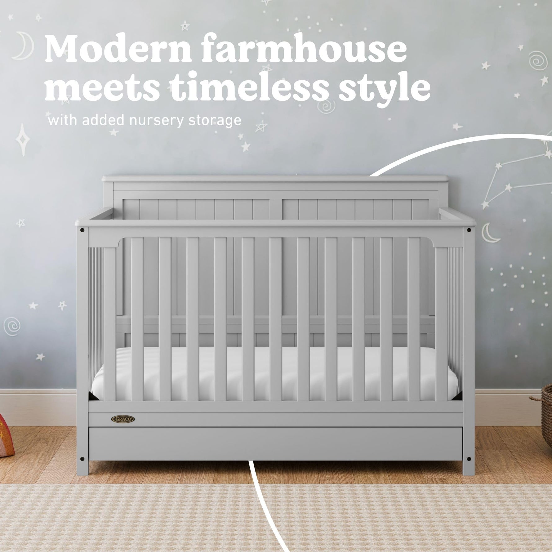 Graco Hadley 5-in-1 Convertible Crib with Drawer – GREENGUARD Gold Certified, Fits Standard Crib Mattress, Converts to Toddler Bed, Daybed and Full Bed, 4 Adjustable Mattress Heights (White)