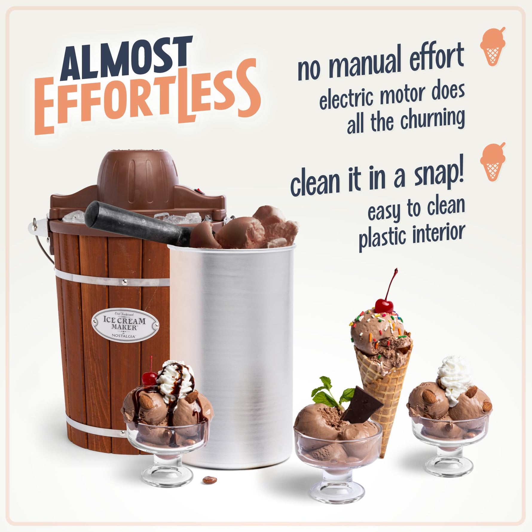Nostalgia Electric Ice Cream Maker - Old Fashioned Soft Serve Ice Cream Machine Makes Frozen Yogurt or Gelato in Minutes - Fun Kitchen Appliance - Vintage Wooden Style - Dark Wood - 4 Quart