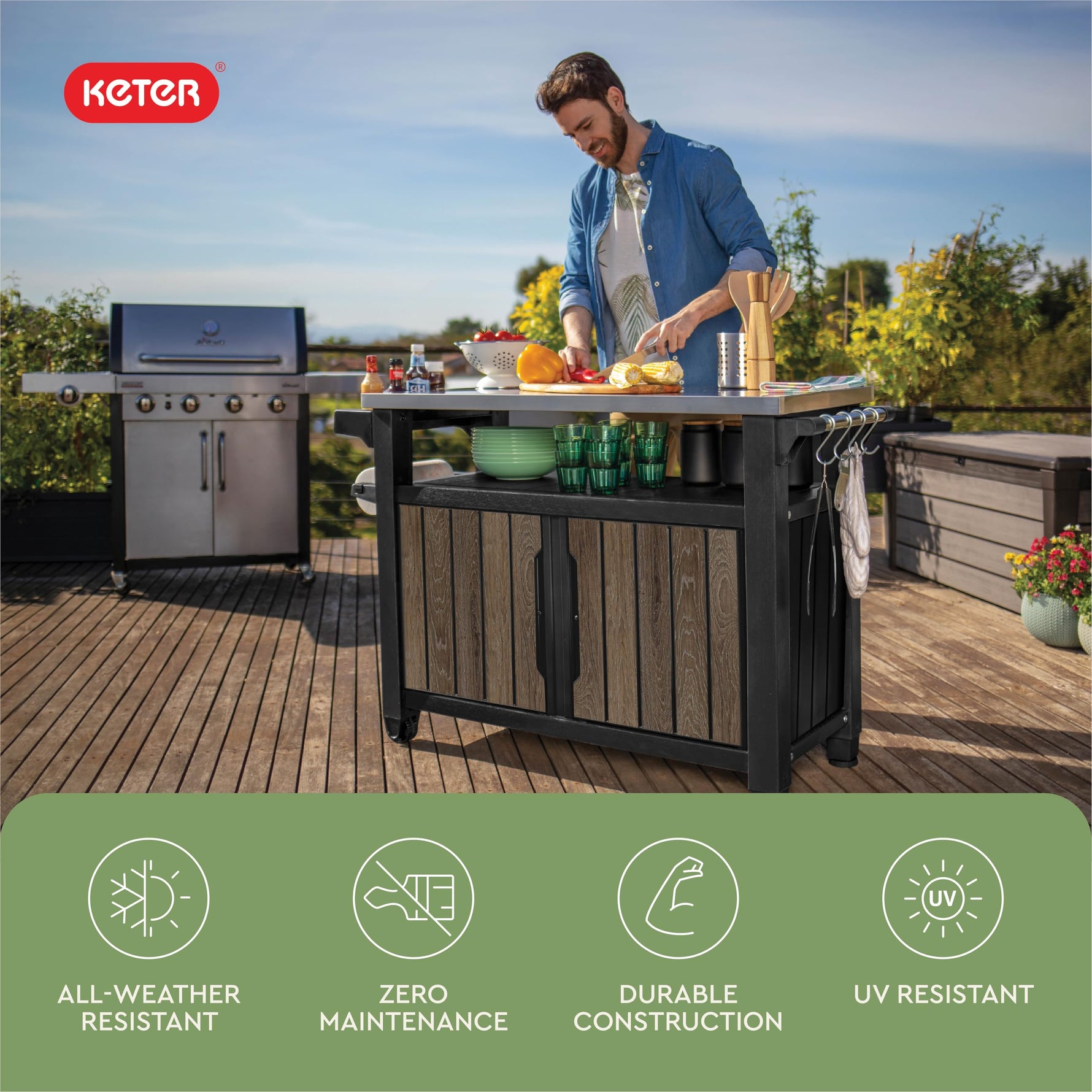 Keter Unity XL Portable Outdoor Table with Stainless Steel Top for Kitchen Prep and Outdoor Storage Cabinet for Grilling Accessories, Dark Grey