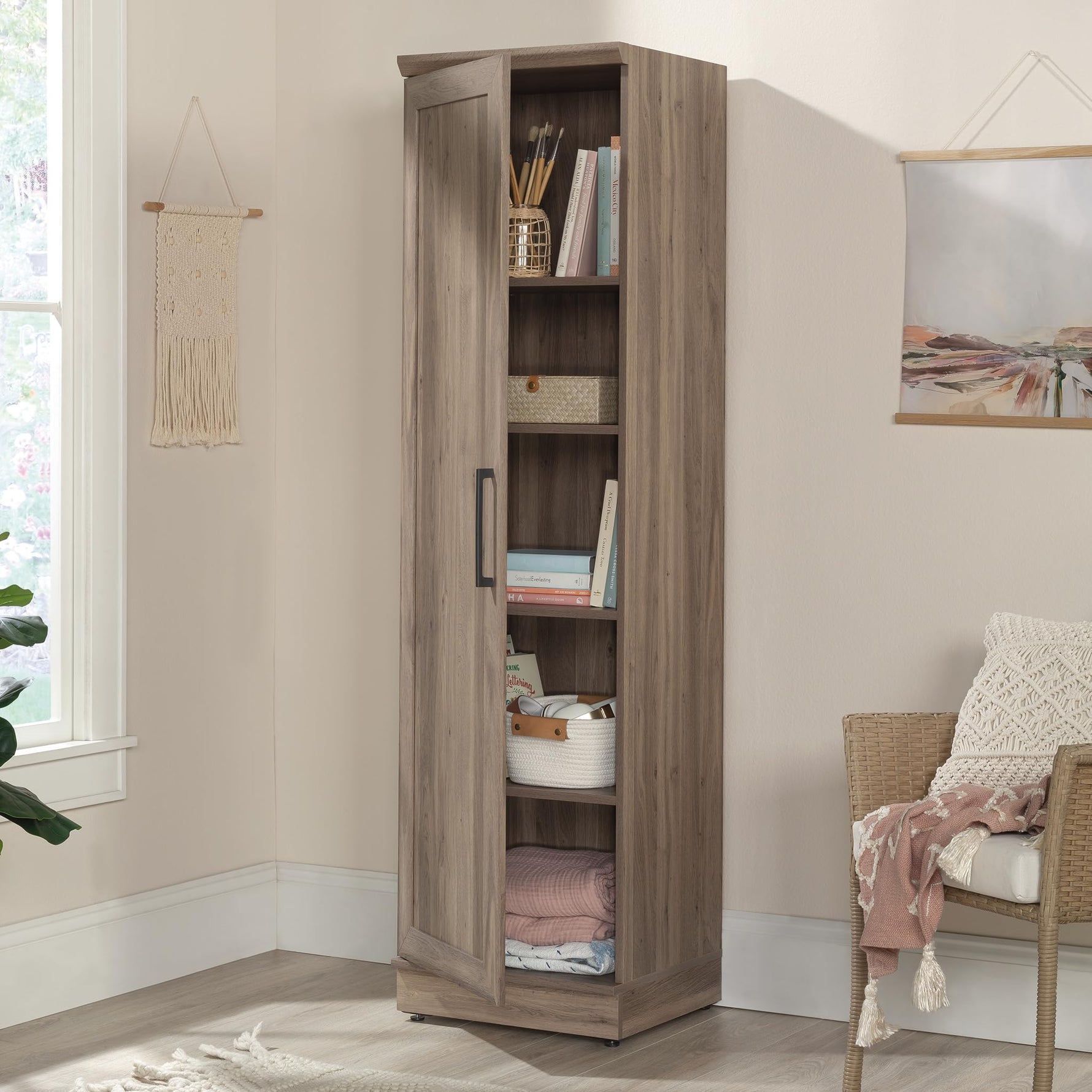 Sauder HomePlus Narrow Pantry Storage Cabinet Slim Single Door with Adjustable Shelves, Kitchen Storage Cabinet, in Soft White