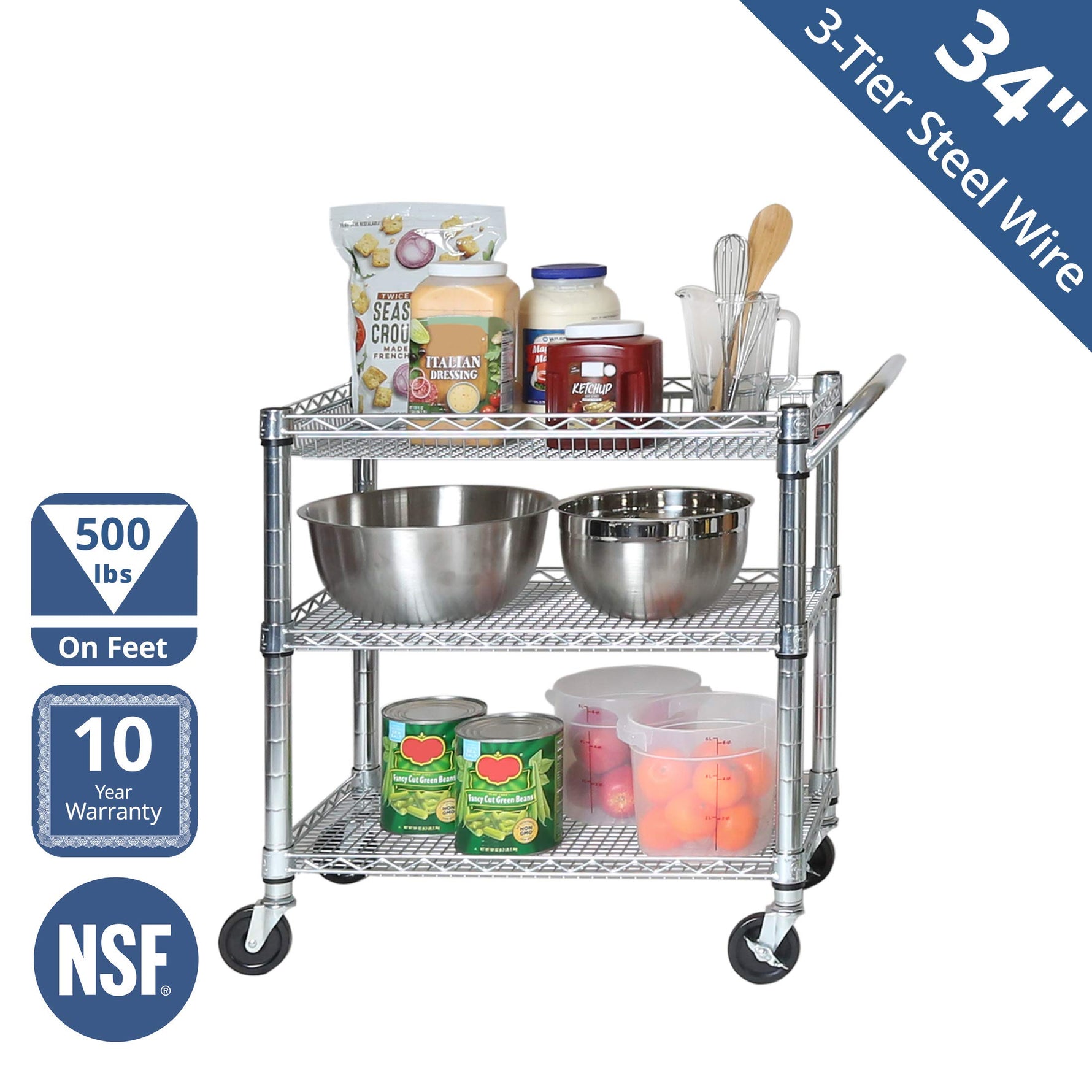 Seville Classics UltraDurable NSF Commercial Heavy Duty Metal Rolling Utility Cart, w/ Steel Shelves, Handle Bar for Restaurant, Garage, Warehouse, Kitchen, Office, Top Shelf (36"W x 18"D)