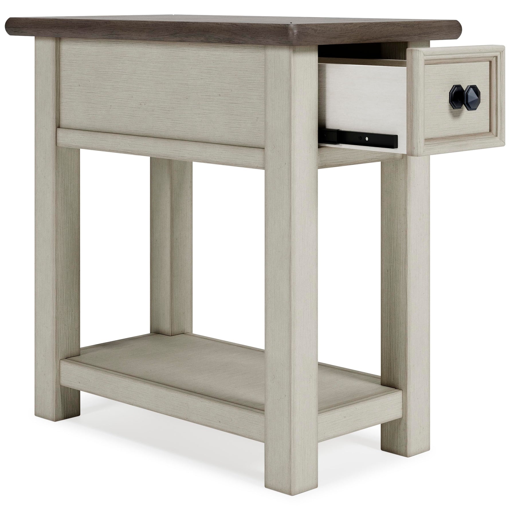 Signature Design by Ashley Bolanburg Chairside End Table With Charging Station, Two-Tone Wood Accent Table With Drawer Storage, Plank Top Design for Living Room or Bedroom, Antique White