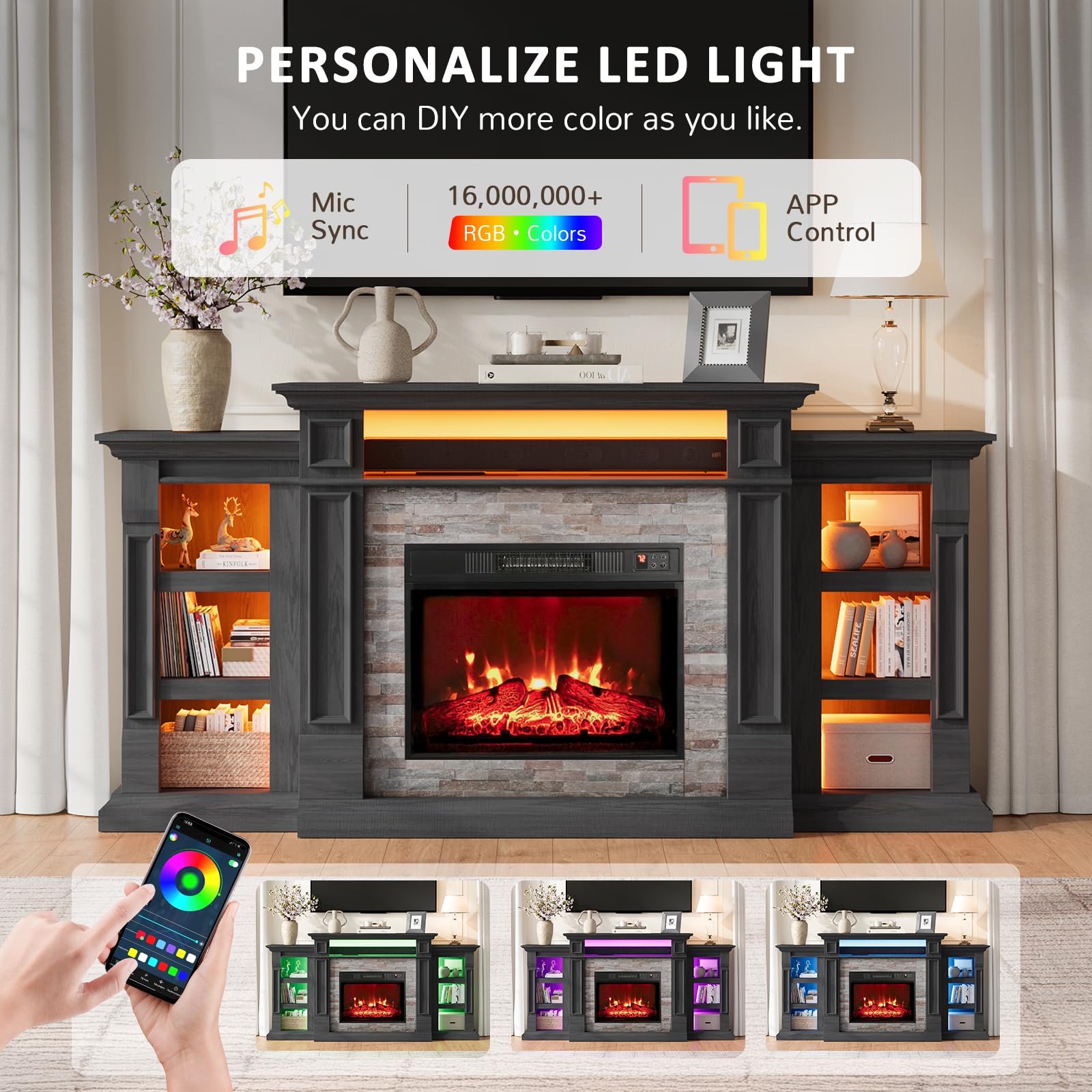 Naice 72" Electric Fireplace with Mantel and Cabinets, Fireplace TV Stand for Living Room Bedroom, Stacked Stone Surround and Remote Control 3D Realistic Flame, Black