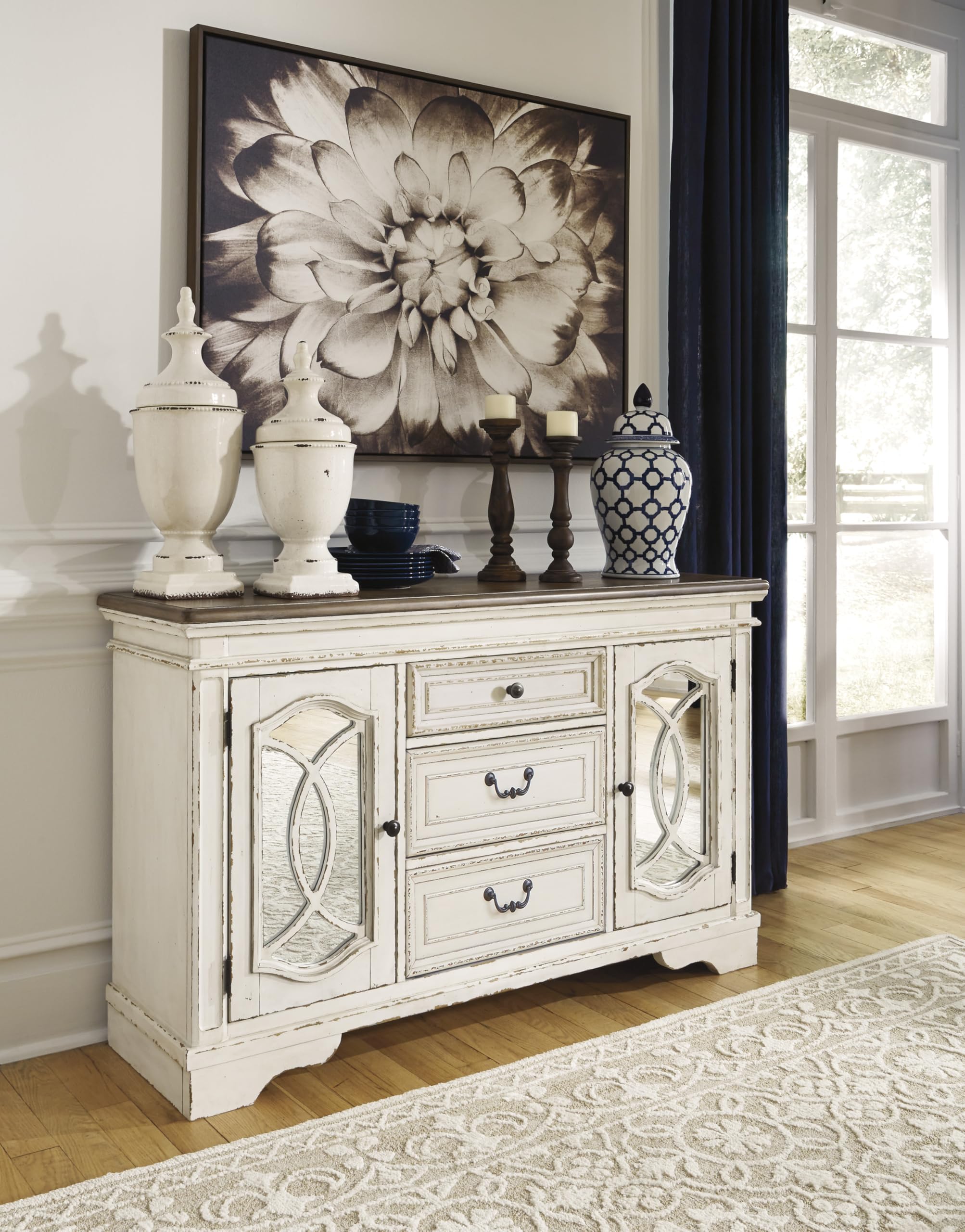 Signature Design by Ashley Realyn French Country Distressed Dining Room Server, 3 Drawers, 2 Cabinet Doors, Wood, 59" W x 17" D x 36.5" H, Chipped White