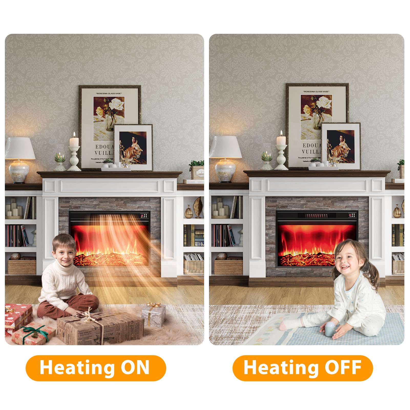 Naice 72" Electric Fireplace with Mantel and Cabinets, Fireplace TV Stand for Living Room Bedroom, Stacked Stone Surround and Remote Control 3D Realistic Flame, Black