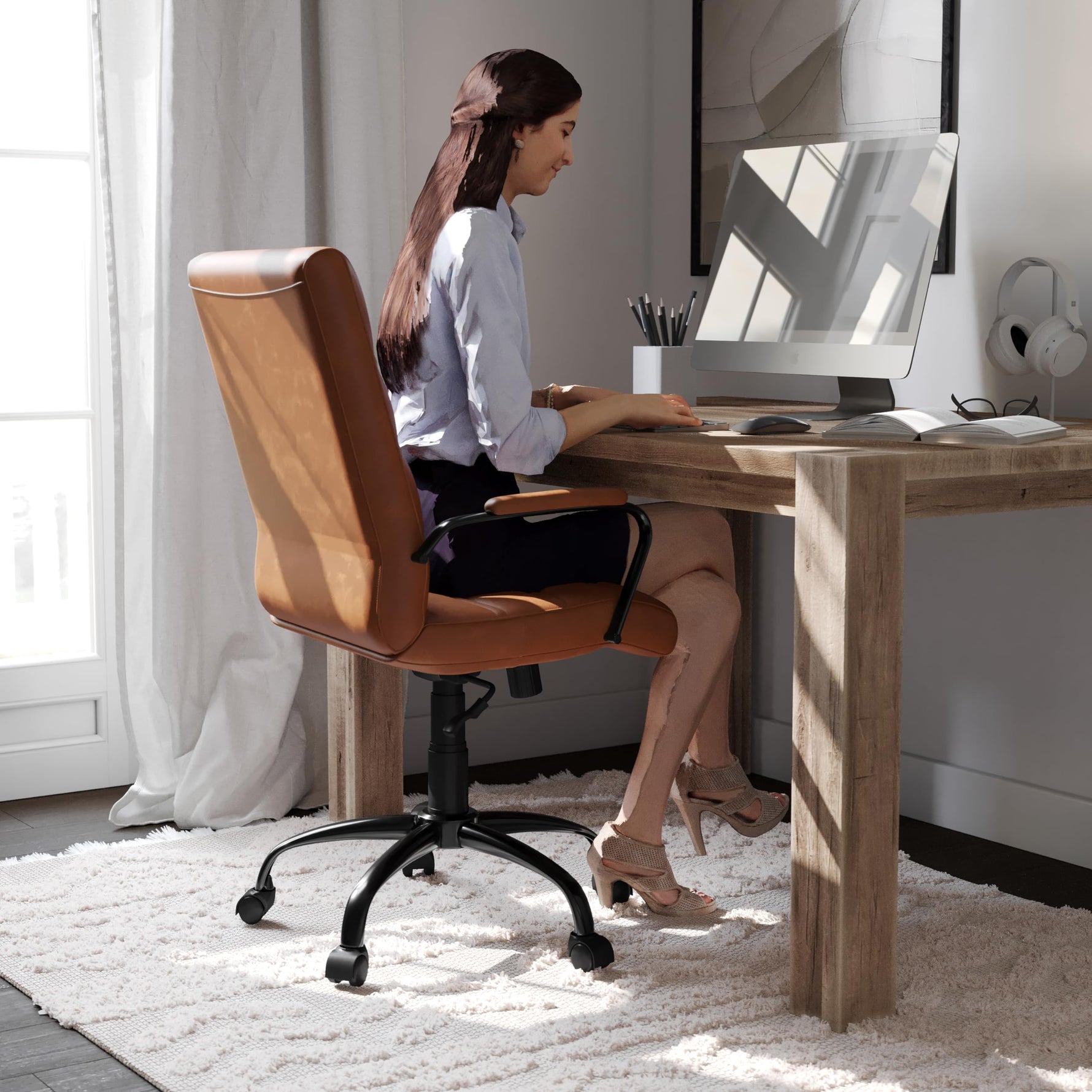 Flash Furniture Whitney Mid-Back Swivel LeatherSoft Desk Chair with Wheels, Padded Seat and Armrests, Adjustable Height Padded Office Chair, Black