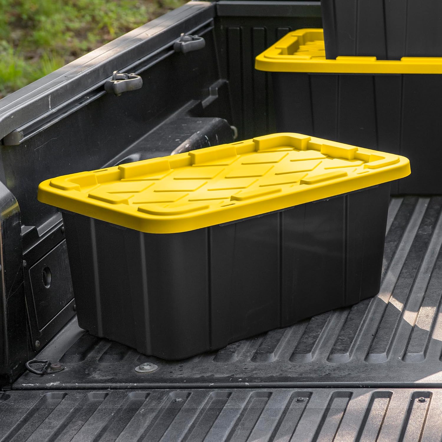 Sterilite Industrial Storage Tote with Lids for Garage, 27 Gallon, 4-Pack | Heavy-Duty and Stackable Utility Box Containers for Home, Office, and Basement Organization, Black/Yellow