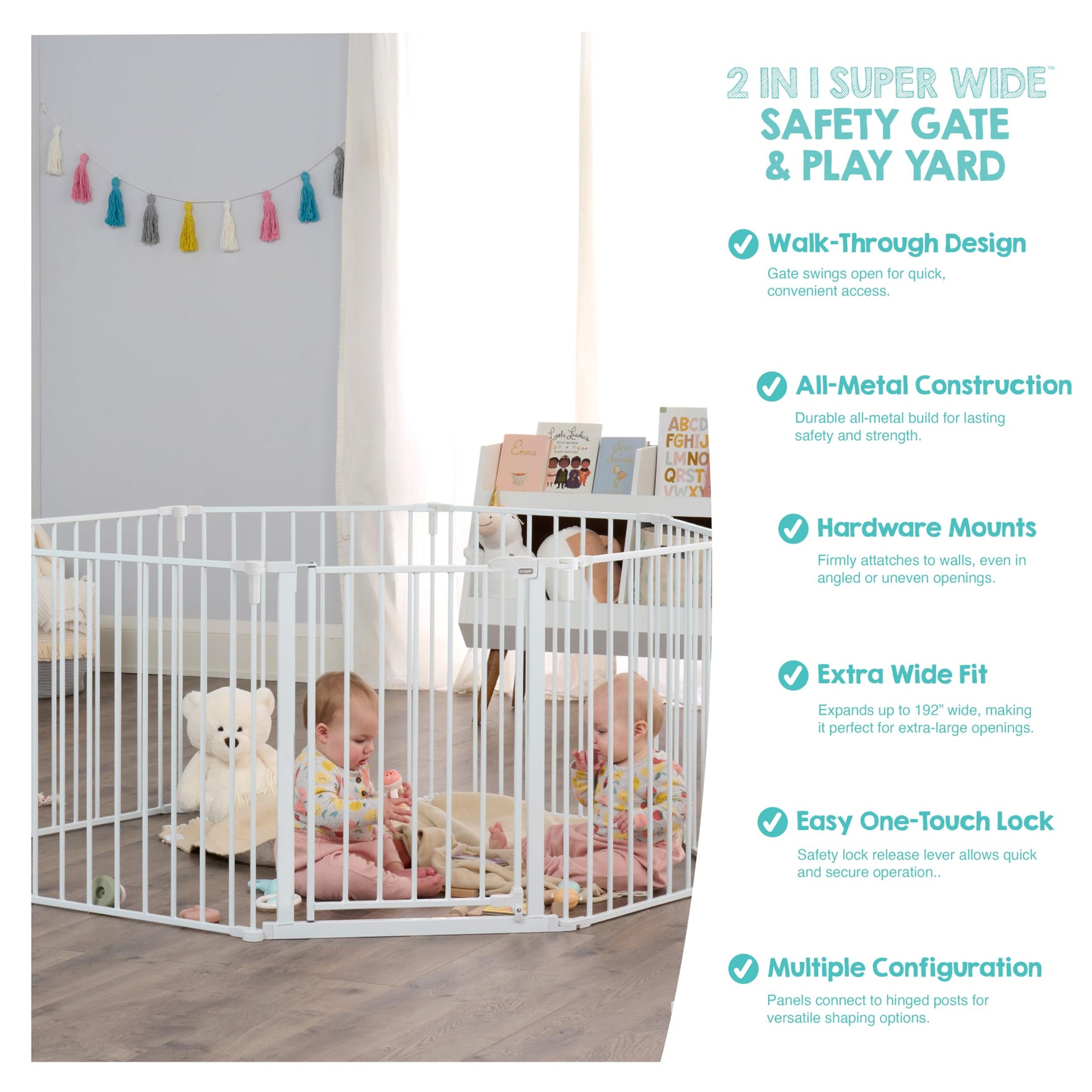 Regalo Safety 192" Super Wide Baby Gate & Play Yard, 2-in-1 Convertible Extra Wide Safety Barrier, Hardware Mounted for Toddlers & Pets, Tested & Safe for 30 Years, American Designed & Owned, White