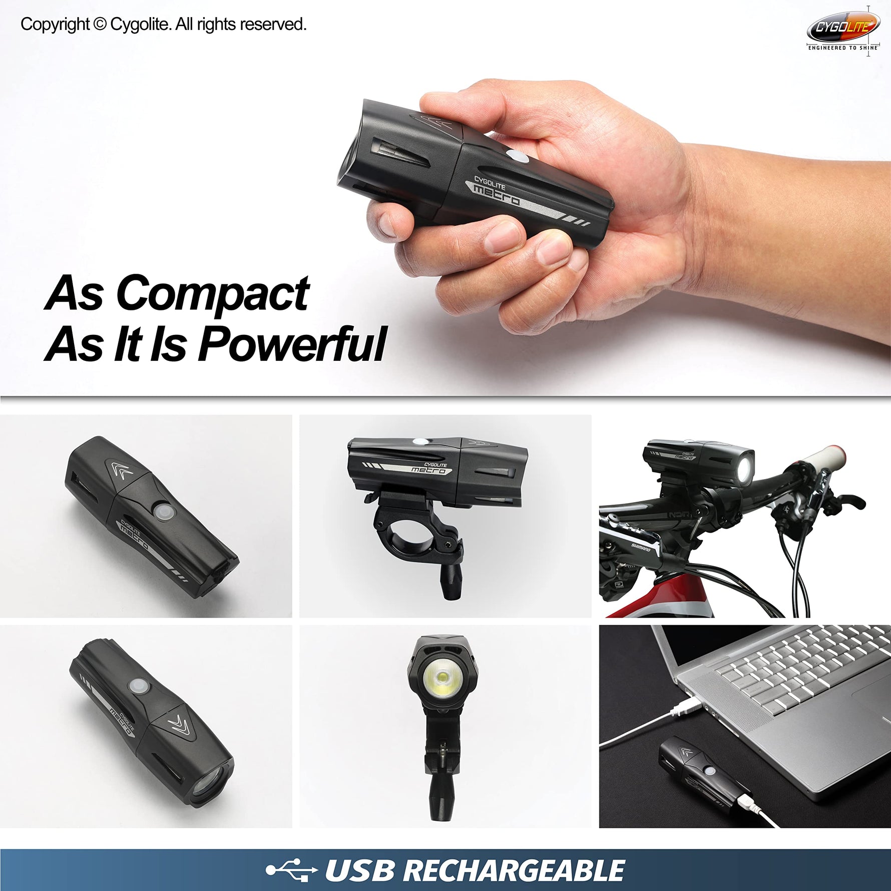 Cygolite Metro 1100 Pro Lumen Bike Light, USB Rechargeable, Secure Hard Mount, Night & Daytime Modes, Compact, Durable, IP67 Waterproof; Road, Mountain, Commuter Bicycles