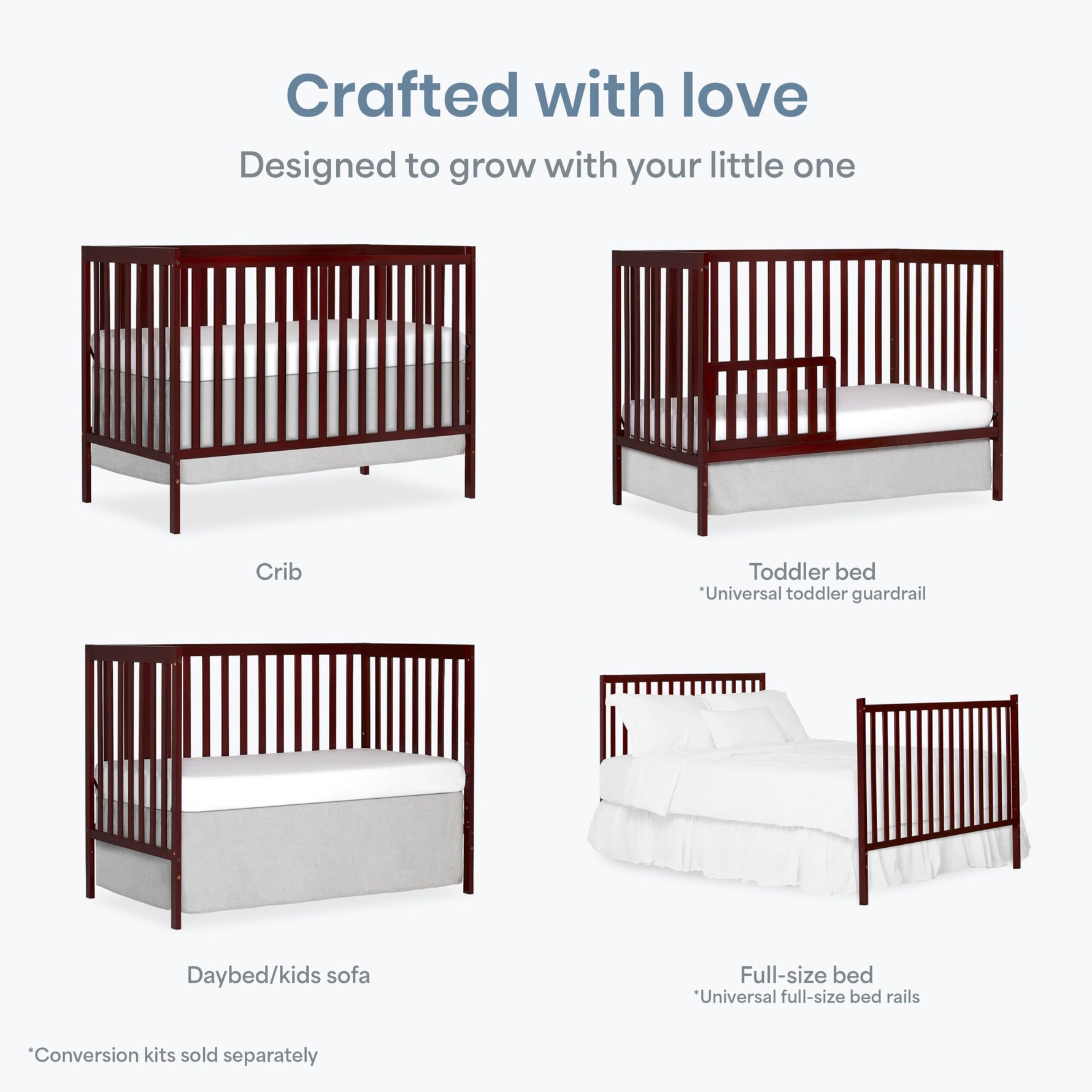 Dream On Me Synergy 5-in-1 Convertible Full-Size Baby Crib with Toddler, Day & Full Bed Conversion in White, GreenGuard Gold & BSA, 3 Mattress Heights, Sustainable Pinewood