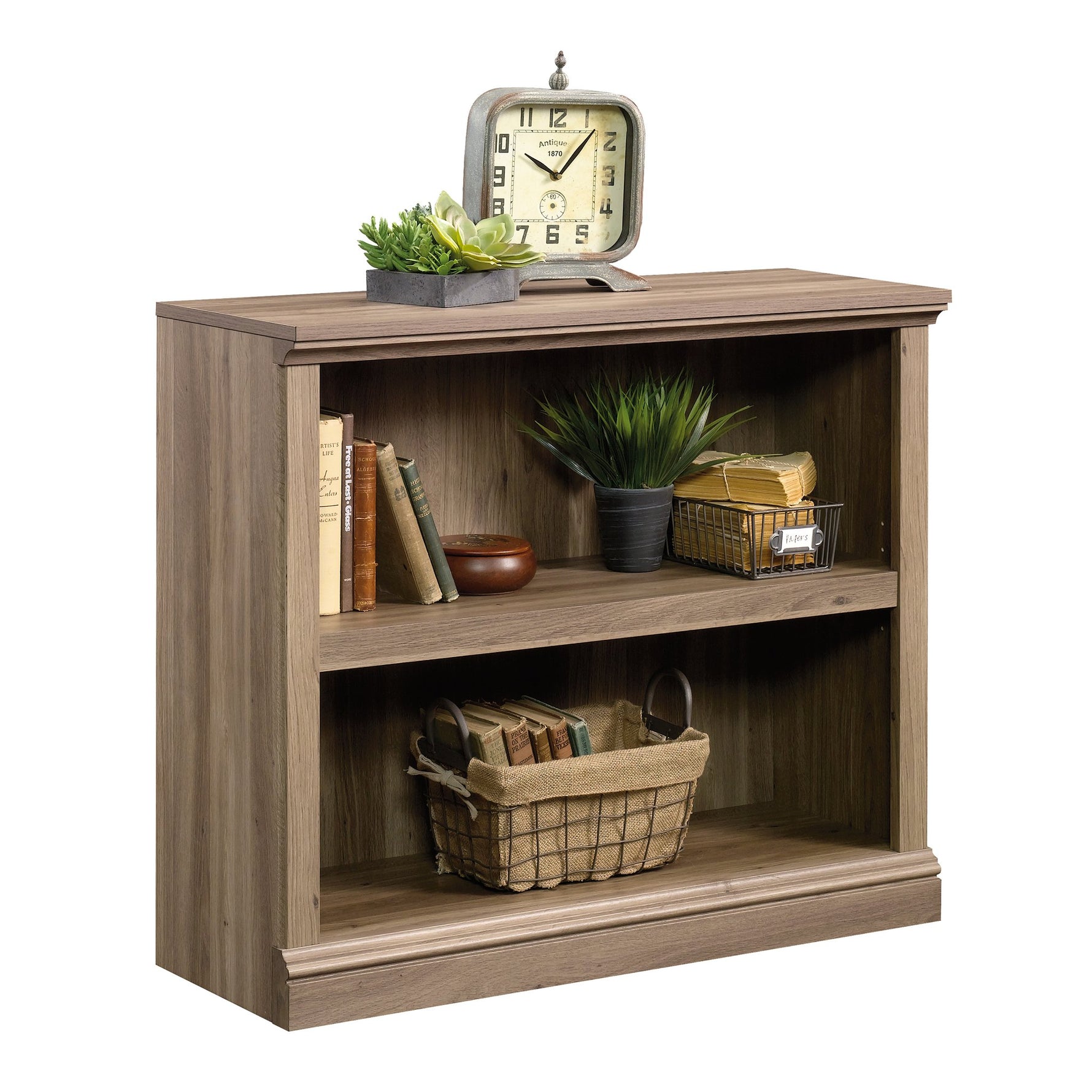 Sauder 2 Tier Book Shelf Wooden Bookcase Multipurpose Bookshelf for Home Office, Living Room, in Salt Oak