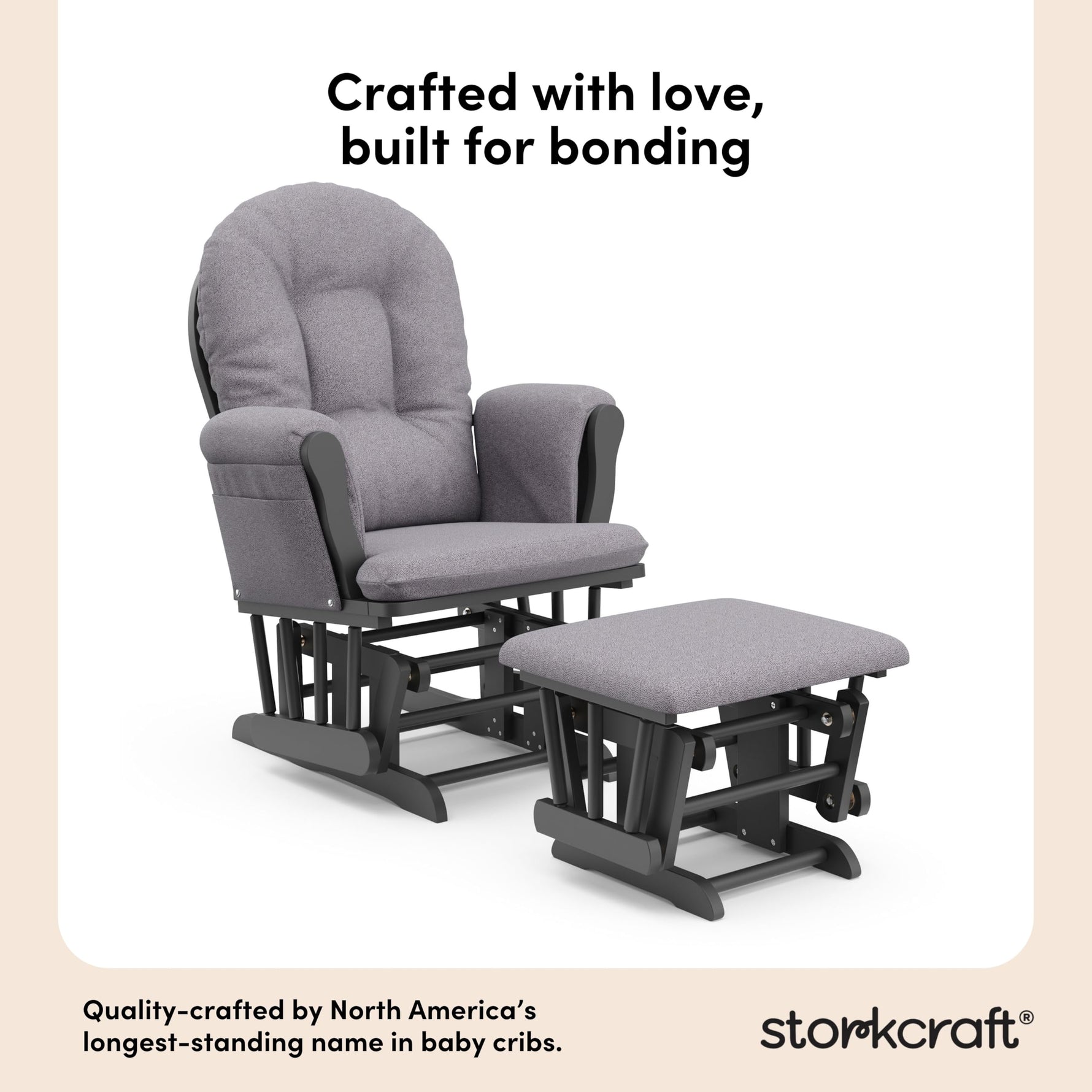 Storkcraft Premium Hoop Glider & Ottoman (Espresso with Beige) — GREENGUARD Gold Certified, Solid Wood Craftsmanship, Convenient Storage Pockets, Glider Rocking Chair for Nursery, Multi-Award-Winning