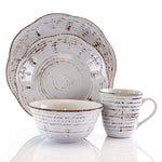 Elama Rustic Birch 16 Piece Embossed Scalloped Stoneware Round Dinnerware Set in White with Brown Accents