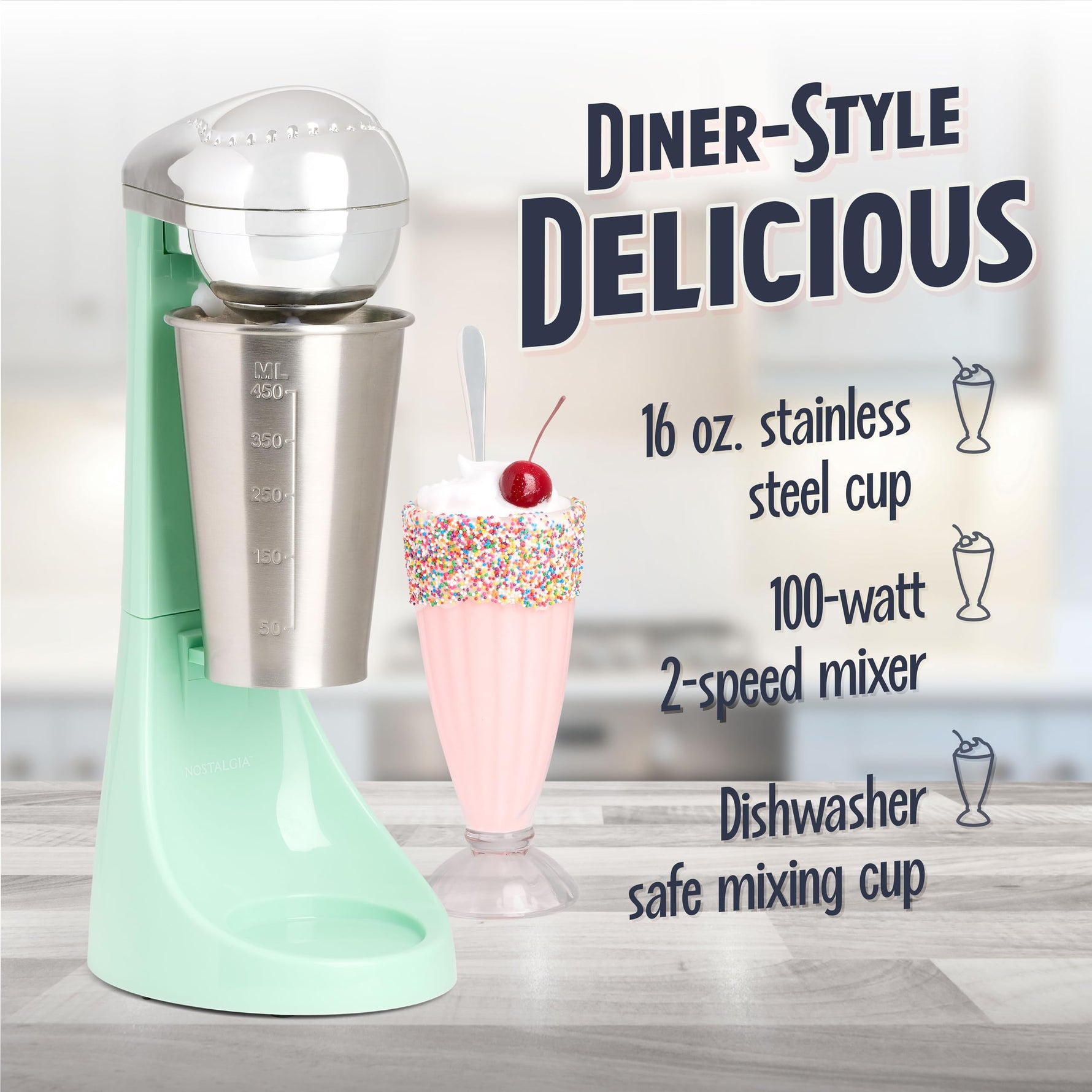 Nostalgia Two-Speed Electric Milkshake Maker and Drink Mixer, Includes 16-Ounce Stainless Steel Mixing Cup & Rod, Jade Green