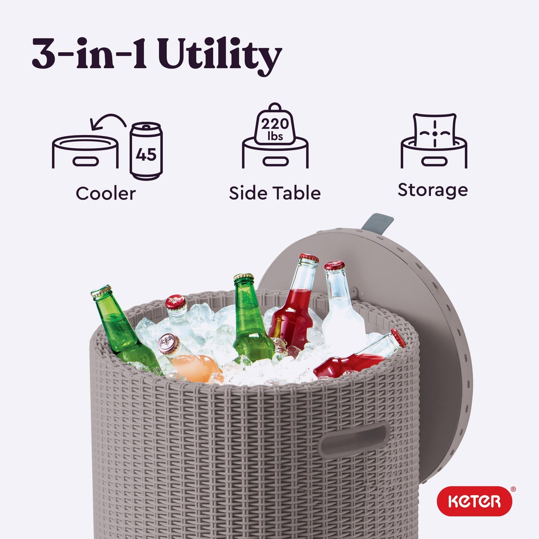 Keter Cool Side Table Cooler 3 in 1 Outdoor Patio Table and Ice Chest Storage, Ideal Hot Tub Table, Decor and Outdoor Patio Bar, Portable Bar, Cappuccino