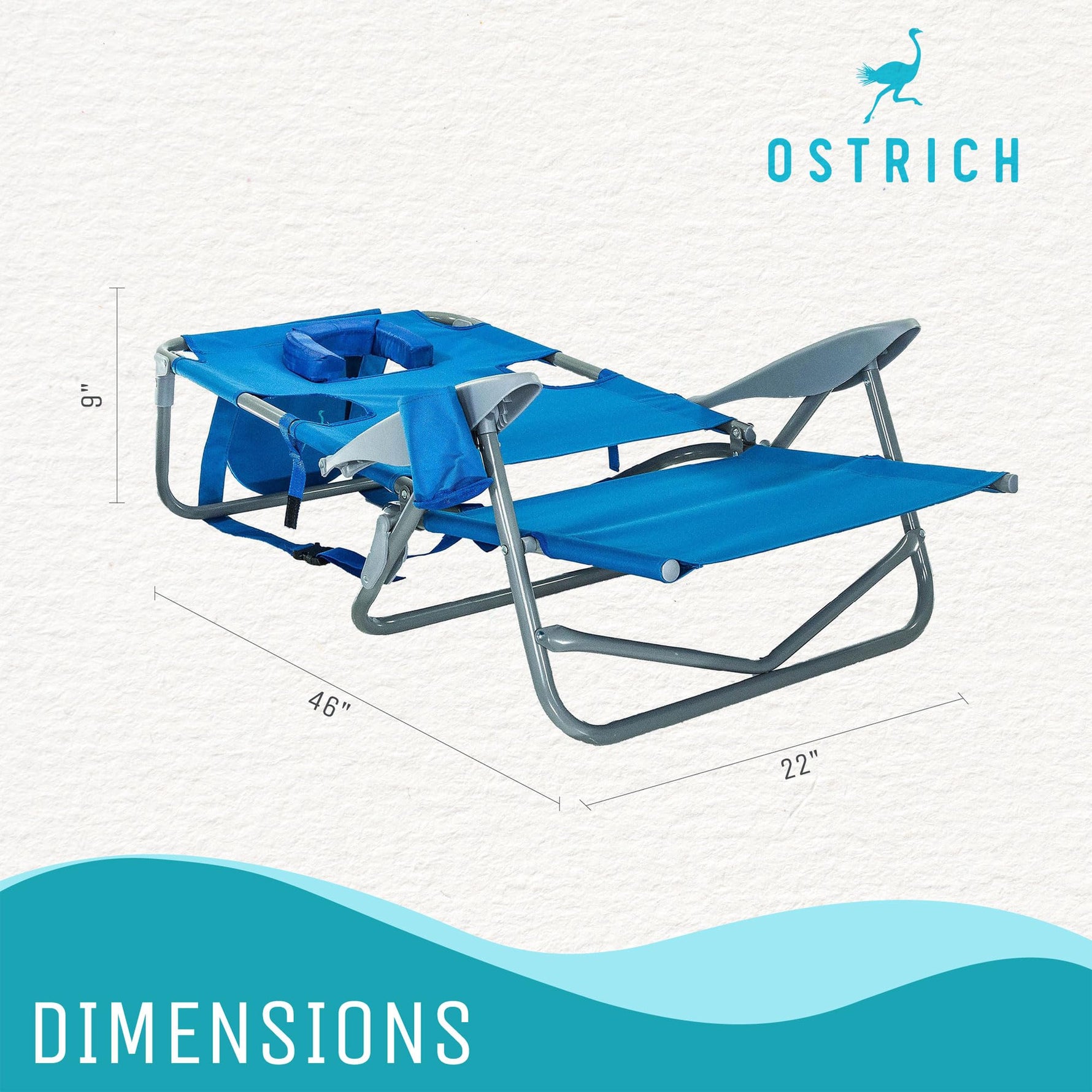 Ostrich the Heavy-Duty Backpacker, Portable Beach Chair with Face Hole, Adjustable Lounge Chair with Face Opening, Cup Holder, & 325lb Capacity, Blue