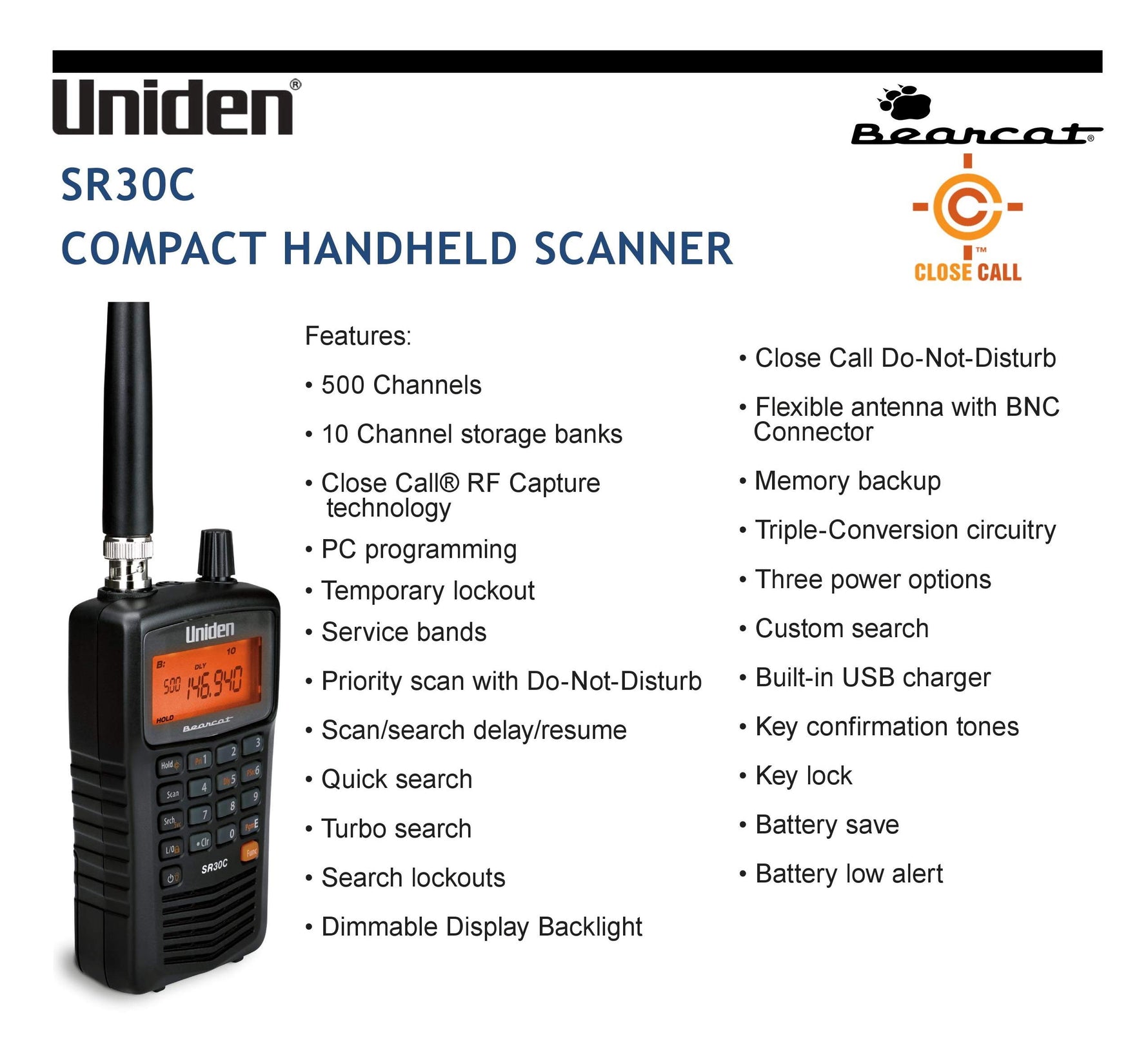 Uniden Bearcat SR30C, 500-Channel Compact Handheld Scanner, Close Call RF Capture, Turbo Search, PC programable, NASCAR, Racing, Aviation, Marine, Railroad, and Non-Digital Police/Fire/Public Safety