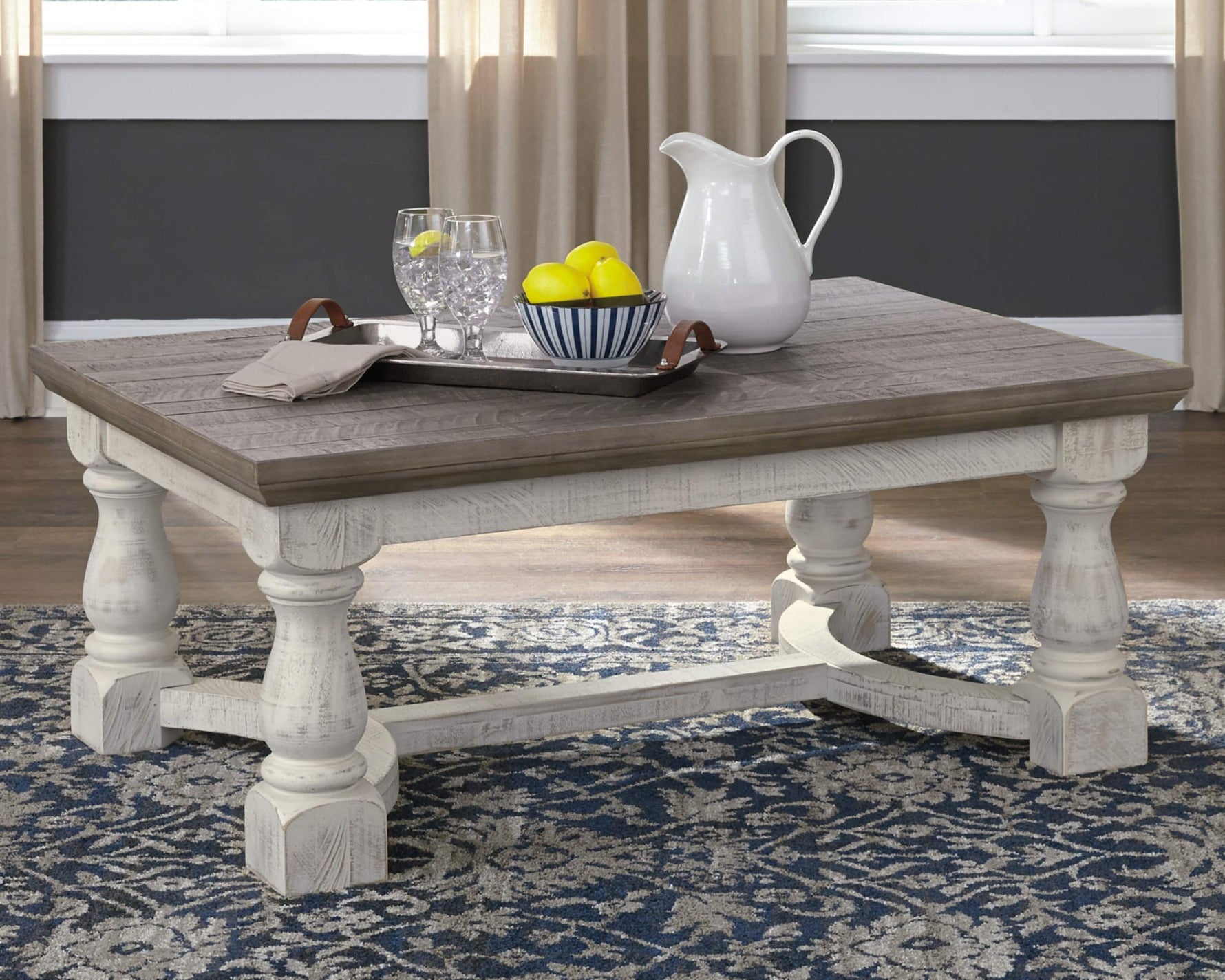 Signature Design by Ashley Havalance Farmhouse Sofa Table, Flip Top Design for Additional Dining Space and Fixed Lower Shelf, Gray & White with Weathered Finish