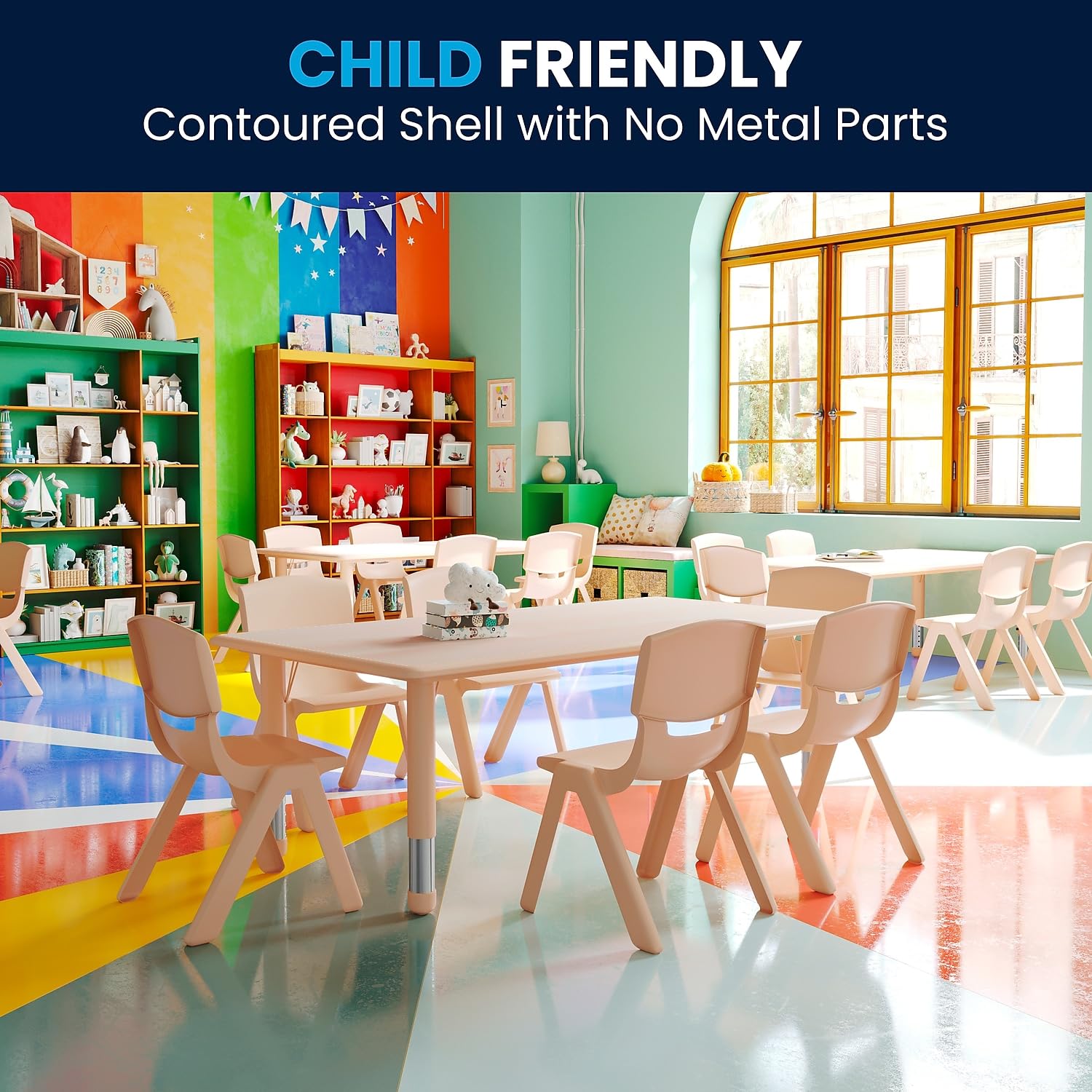 Flash Furniture Emmy Adjustable Classroom Activity Table with 6 Stackable Chairs, Plastic Activity Table for Kids, 23.625" W x 47.25" L, Blue/Gray