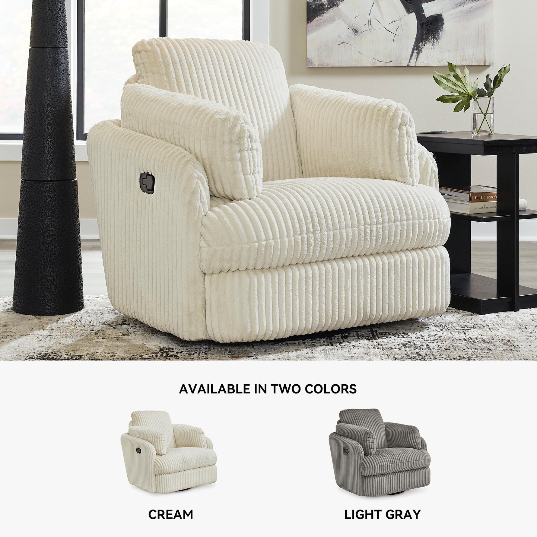 Signature Design by Ashley Tie-Breaker Swivel Glider Recliner, 2 Bolster Pillows, Hidden Storage, Fabric Upholstery, 41.38" W x 40.25" D x 39.75" H, Light Gray