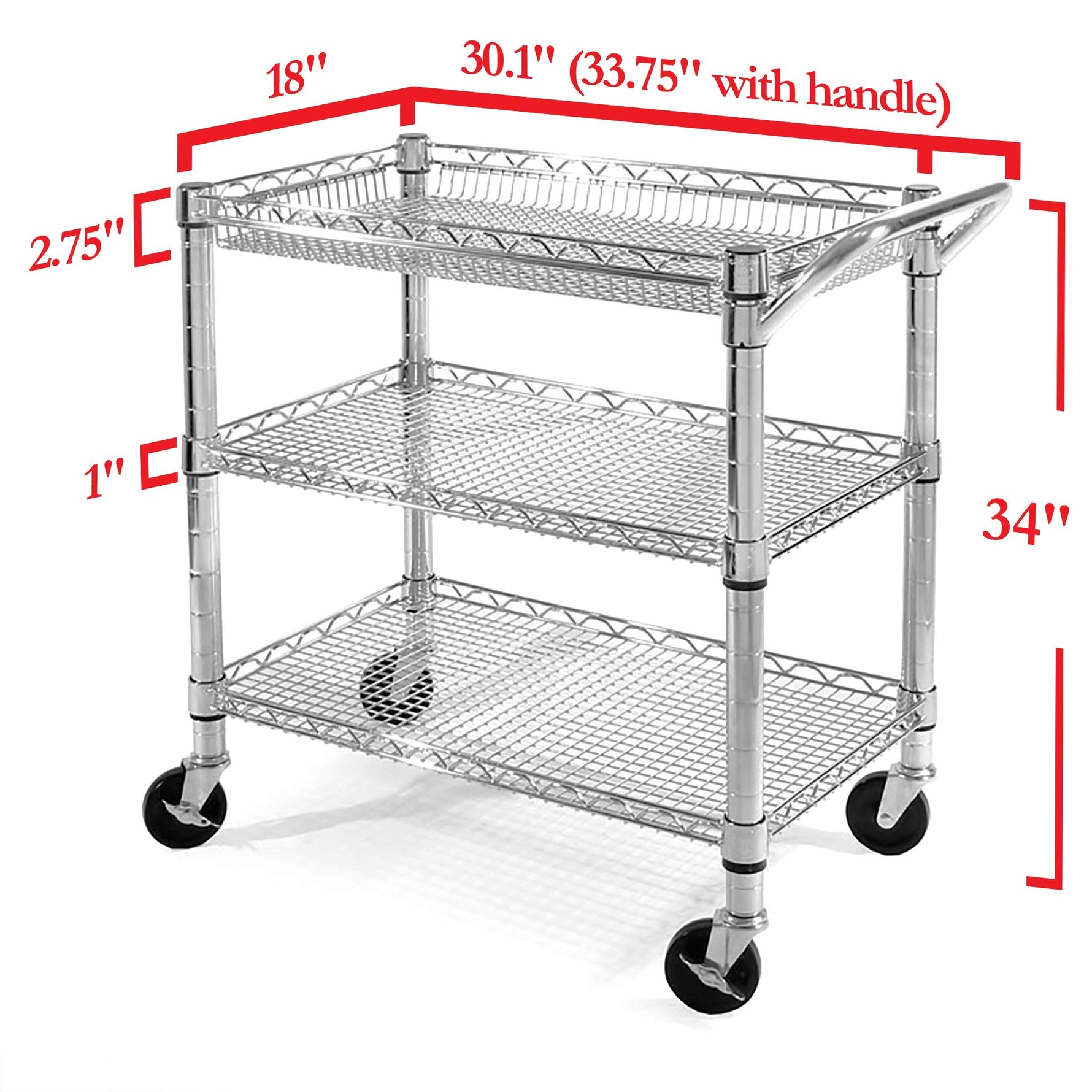 Seville Classics UltraDurable NSF Commercial Heavy Duty Metal Rolling Utility Cart, w/ Steel Shelves, Handle Bar for Restaurant, Garage, Warehouse, Kitchen, Office, Top Shelf (36"W x 18"D)