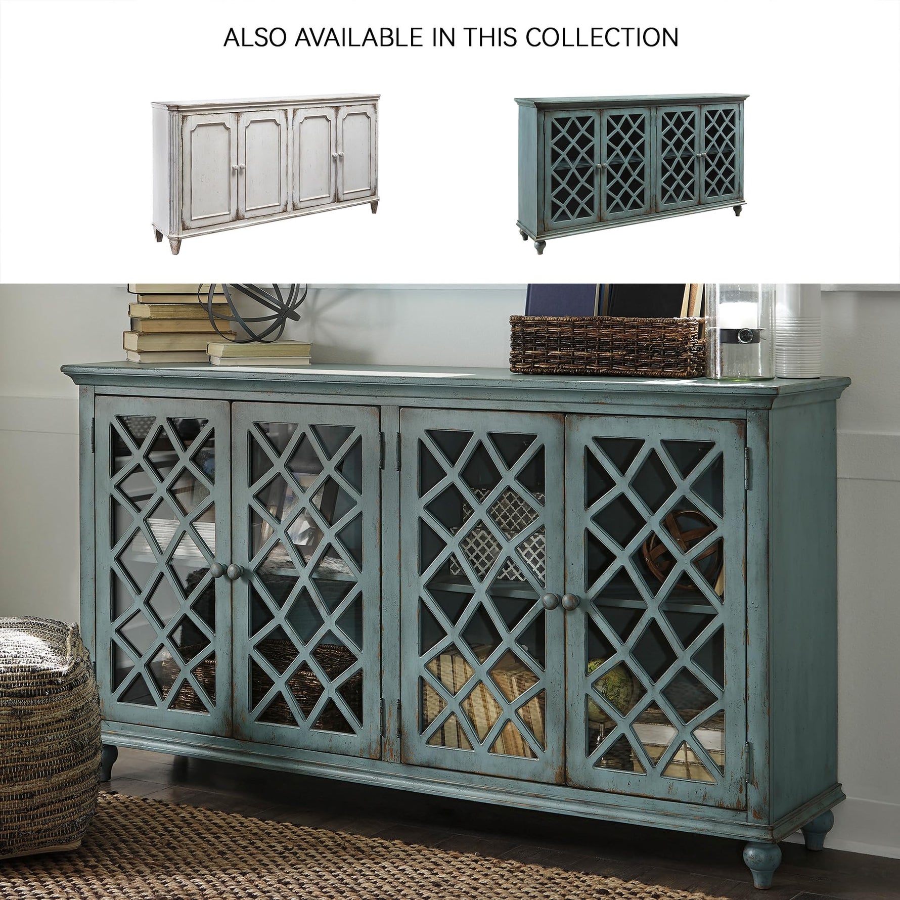 Signature Design by Ashley Mirimyn Vintage 69" 4-Door Accent Cabinet with Mirrored Glass and 2 Adjustable Shelves, Antique Blue
