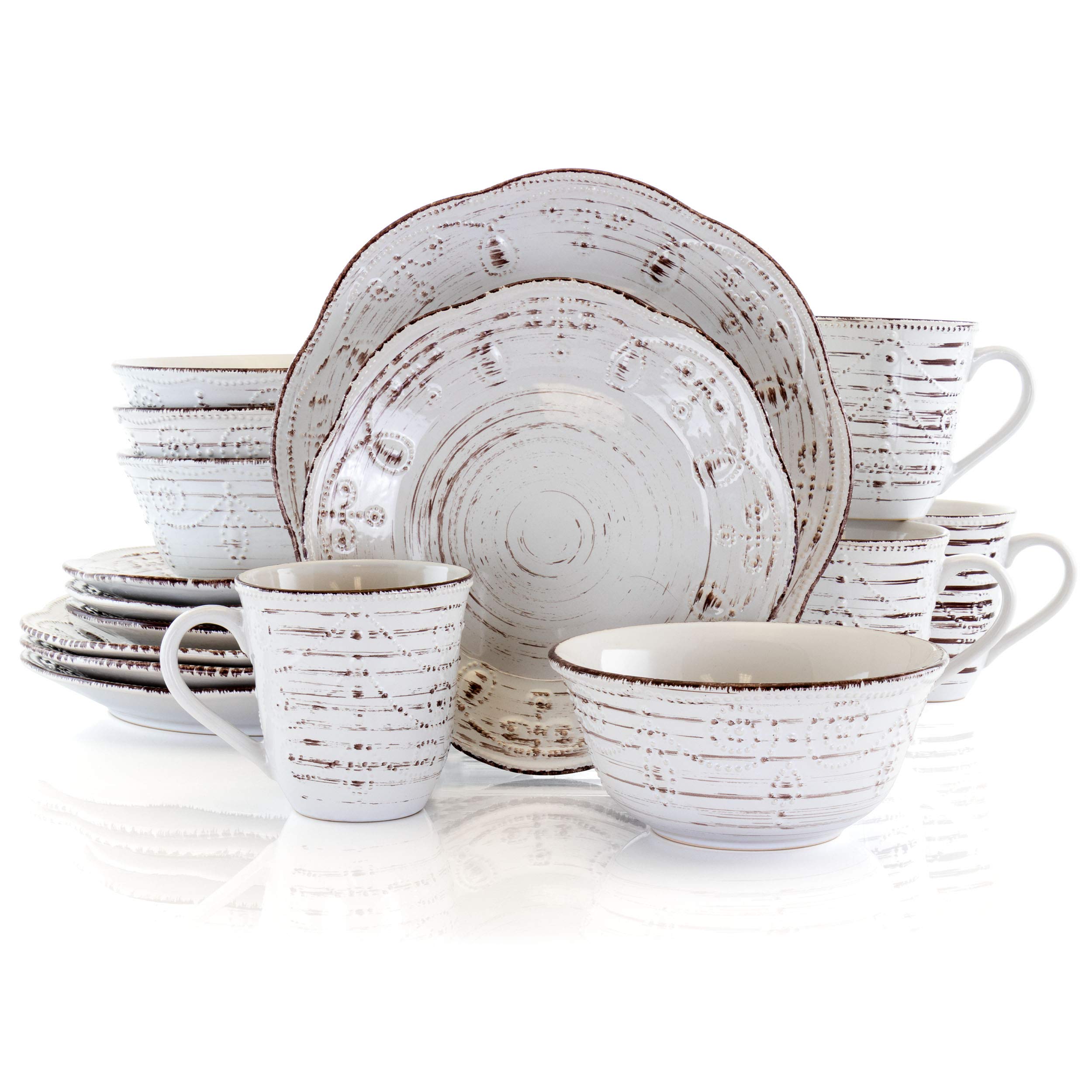 Elama Rustic Birch 16 Piece Embossed Scalloped Stoneware Round Dinnerware Set in White with Brown Accents